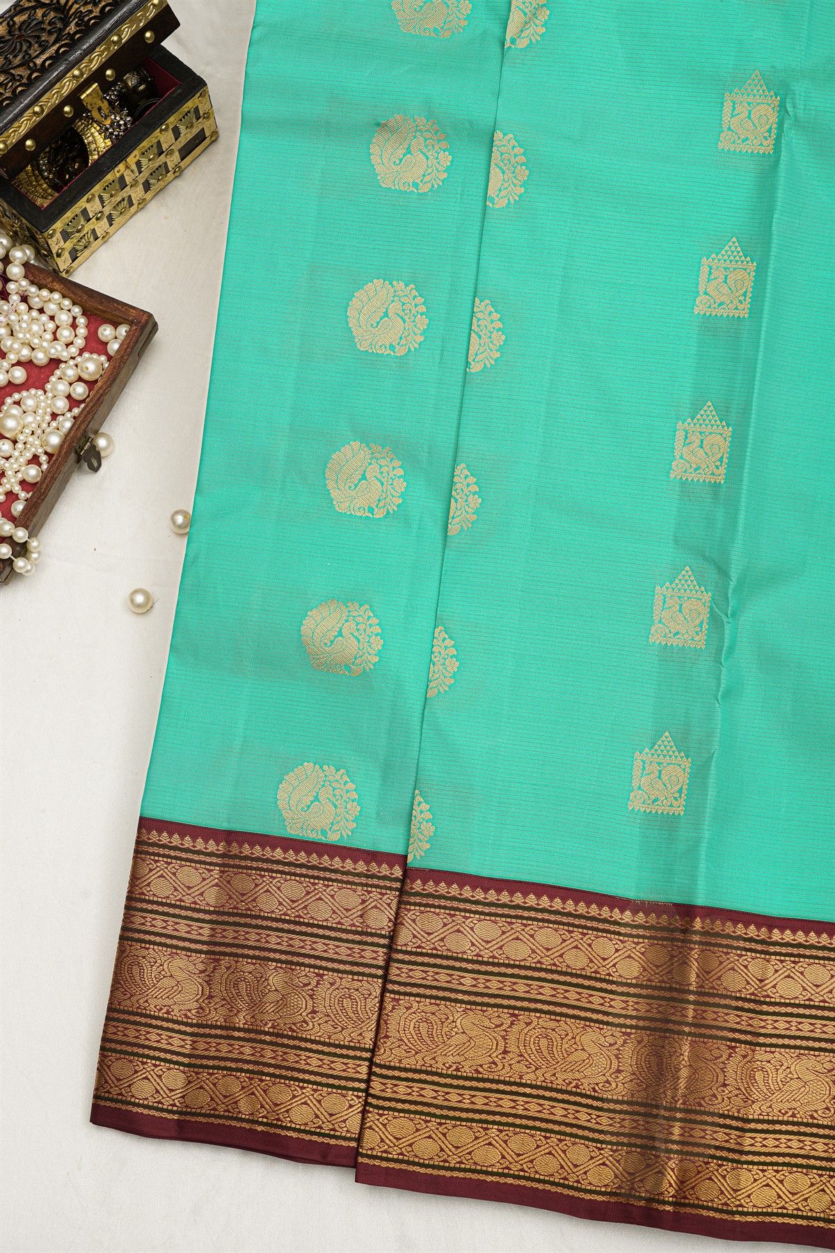 Kancheepuram Silk Sea Green Saree With Zari Lines Body Peacocks Traditional Border