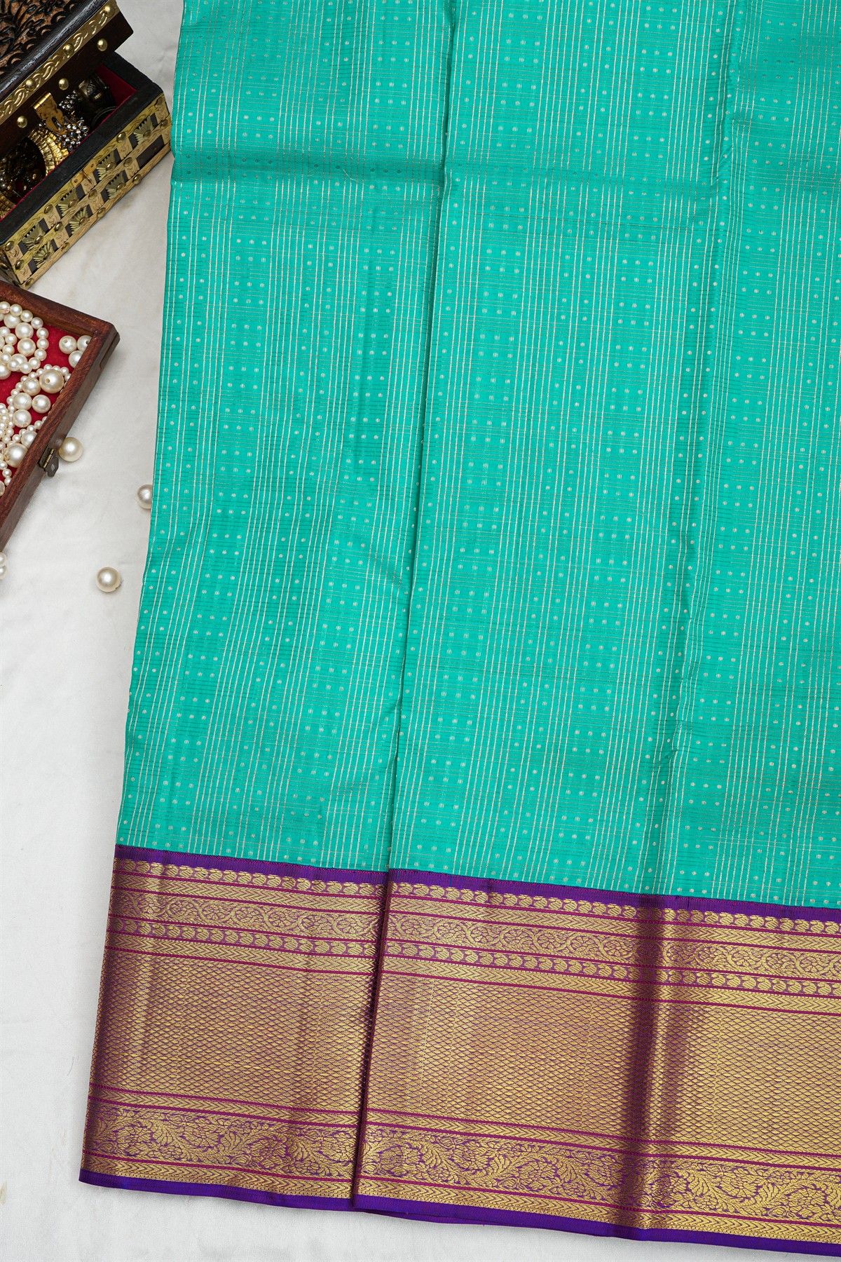 Kancheepuram Silk Sky Blue Saree With Zari Checks Body Contrast Border