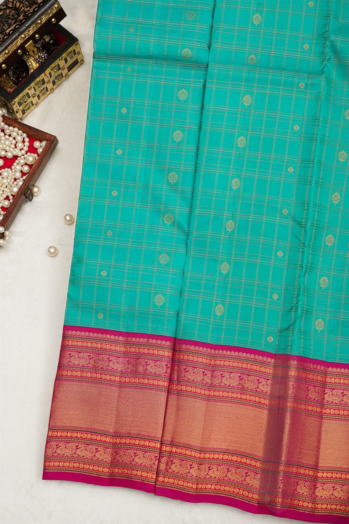 Kancheepuram Silk Sea Blue Saree Florals Body Contrast Border