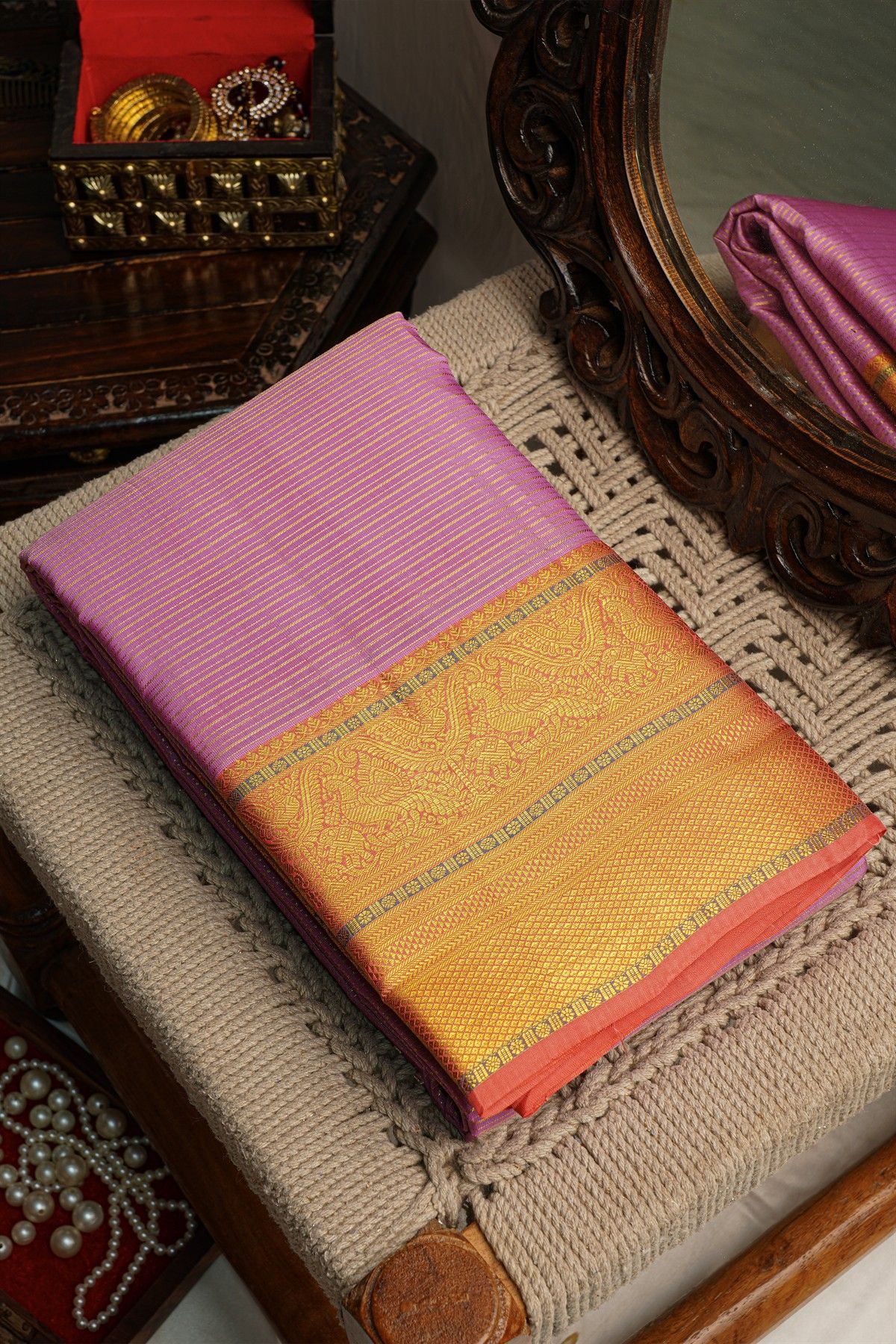 Kancheepuram Silk Lavender Saree With Zari Lines Body Contrast Border