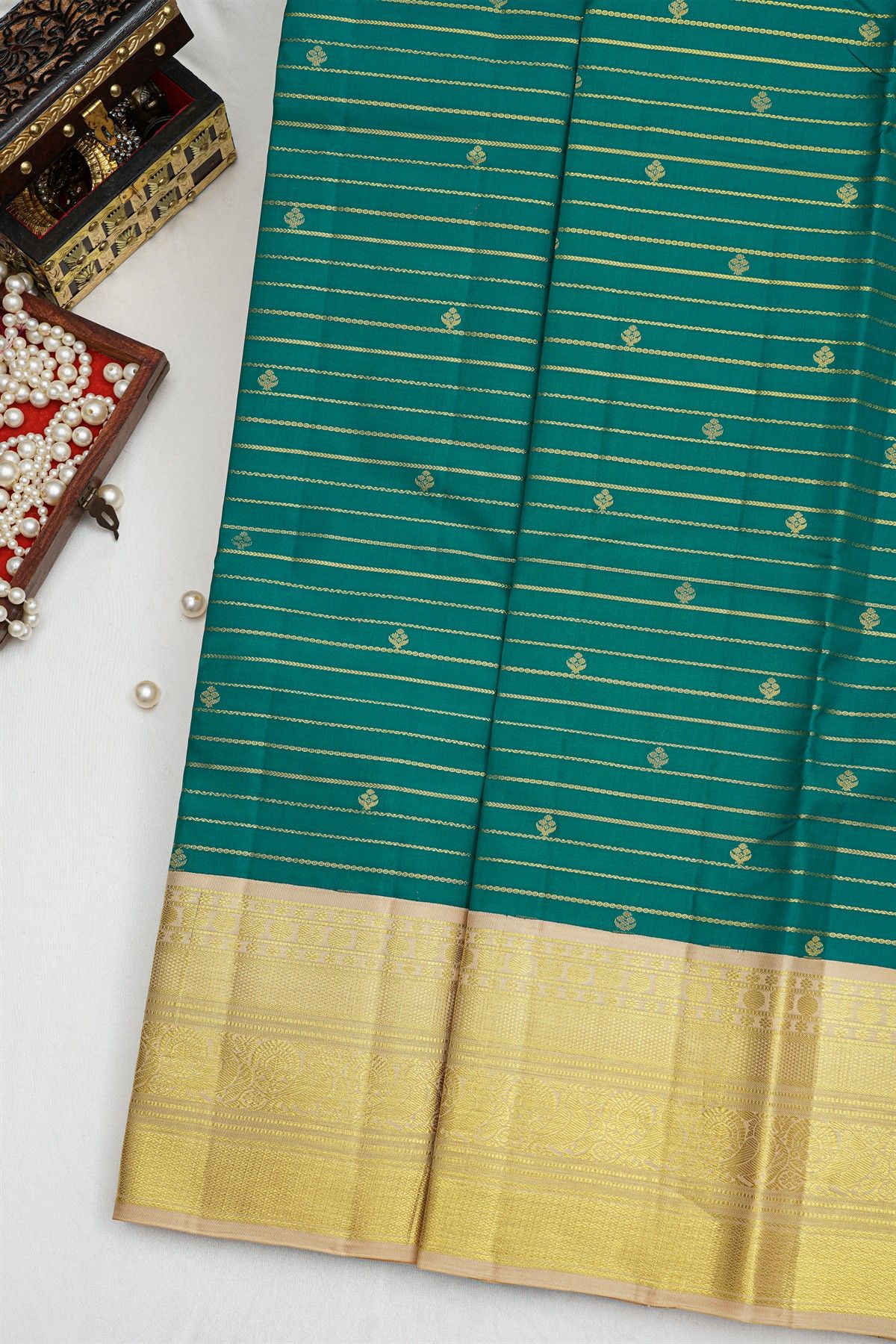 Kancheepuram Silk Teal Green Saree With Zari Buttis Body Contrast Border
