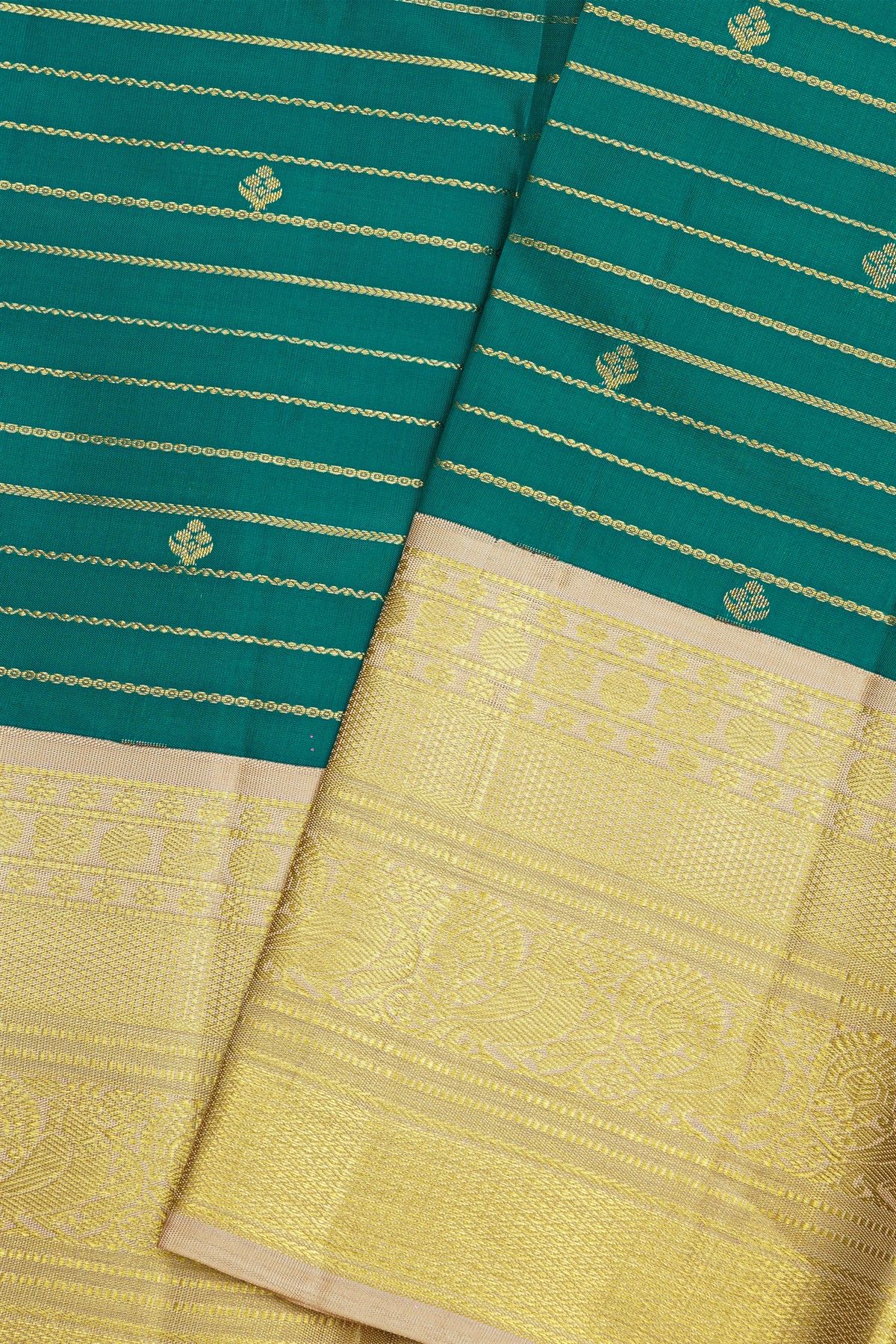 Kancheepuram Silk Teal Green Saree With Zari Buttis Body Contrast Border