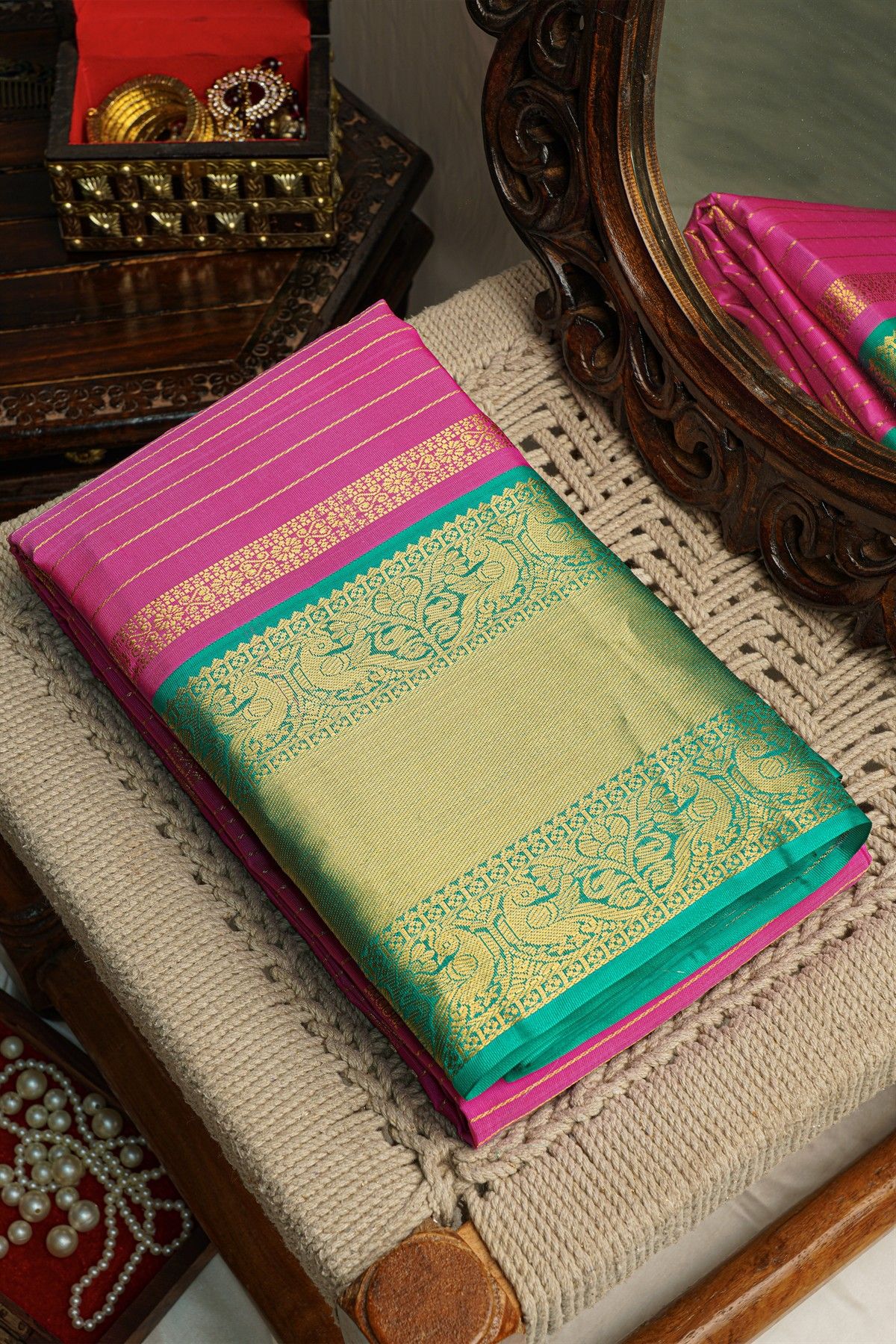 Kancheepuram Silk Pink Saree With Zari Lines Body Contrast Border