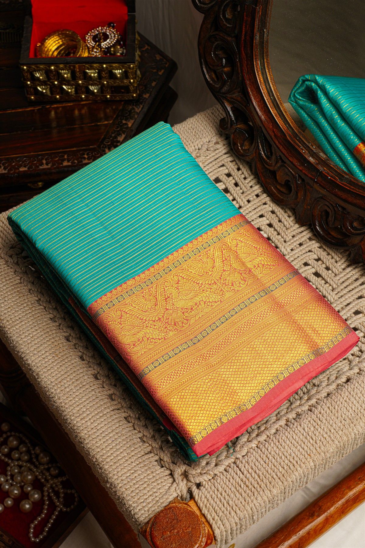 Kancheepuram Silk Sky Blue Saree With Zari Lines Body Contrast Border