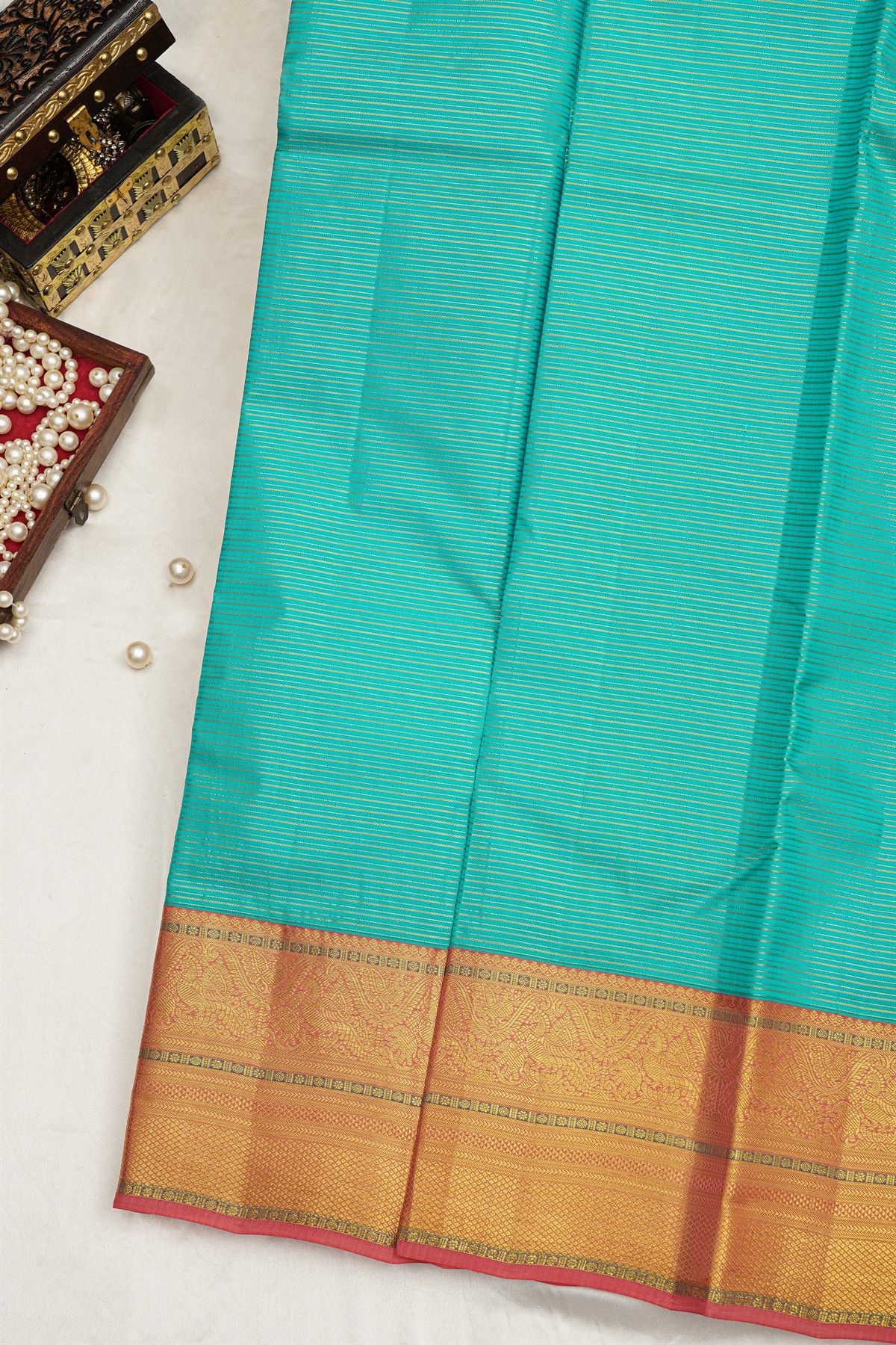 Kancheepuram Silk Sky Blue Saree With Zari Lines Body Contrast Border