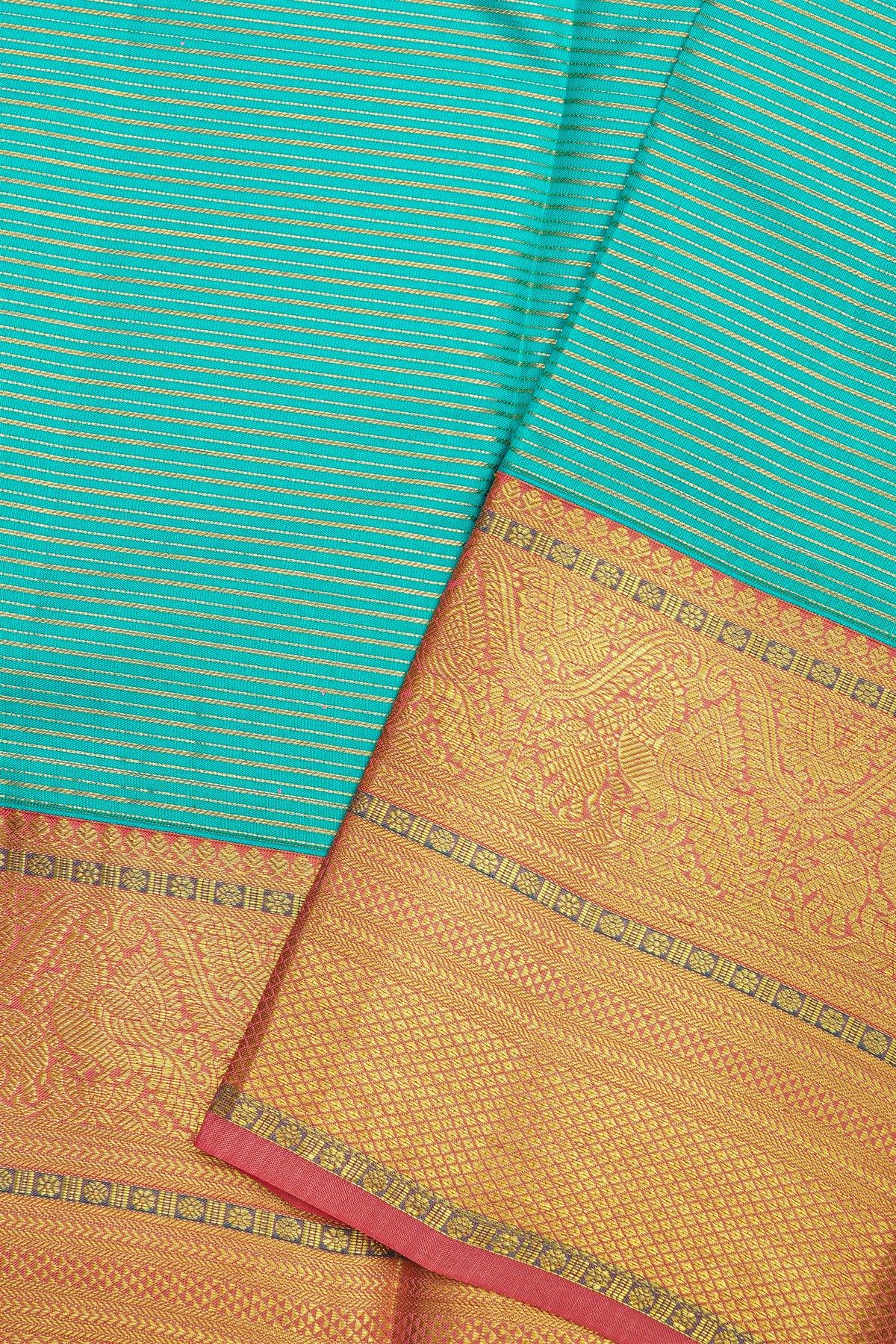 Kancheepuram Silk Sky Blue Saree With Zari Lines Body Contrast Border