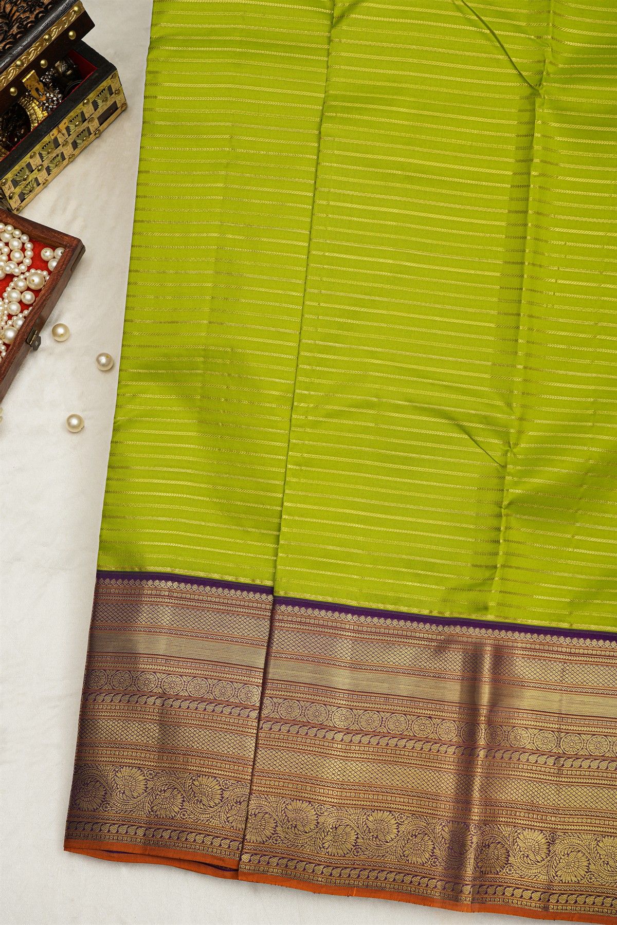 Kancheepuram Silk Parrot Green Saree With Zari Lines Body Contrast Border