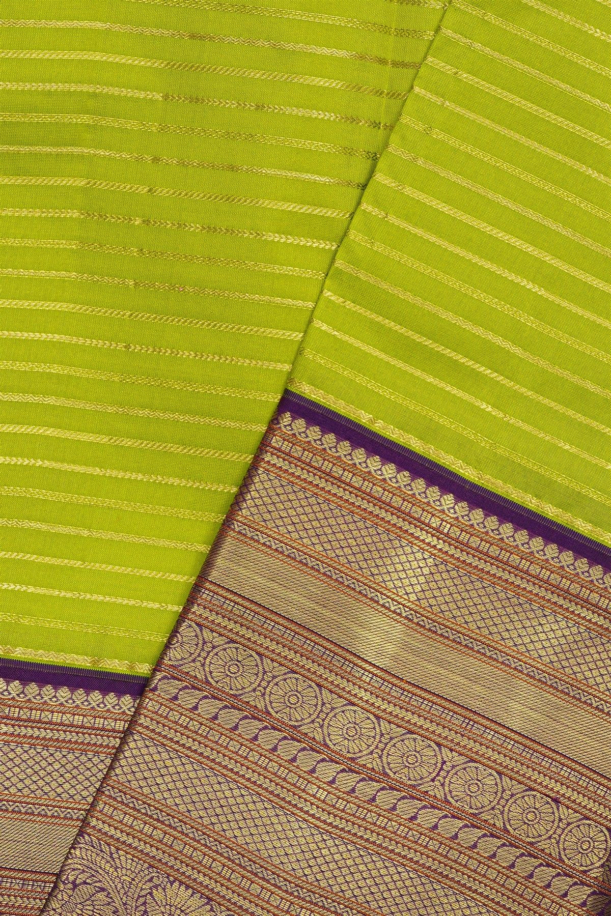 Kancheepuram Silk Parrot Green Saree With Zari Lines Body Contrast Border