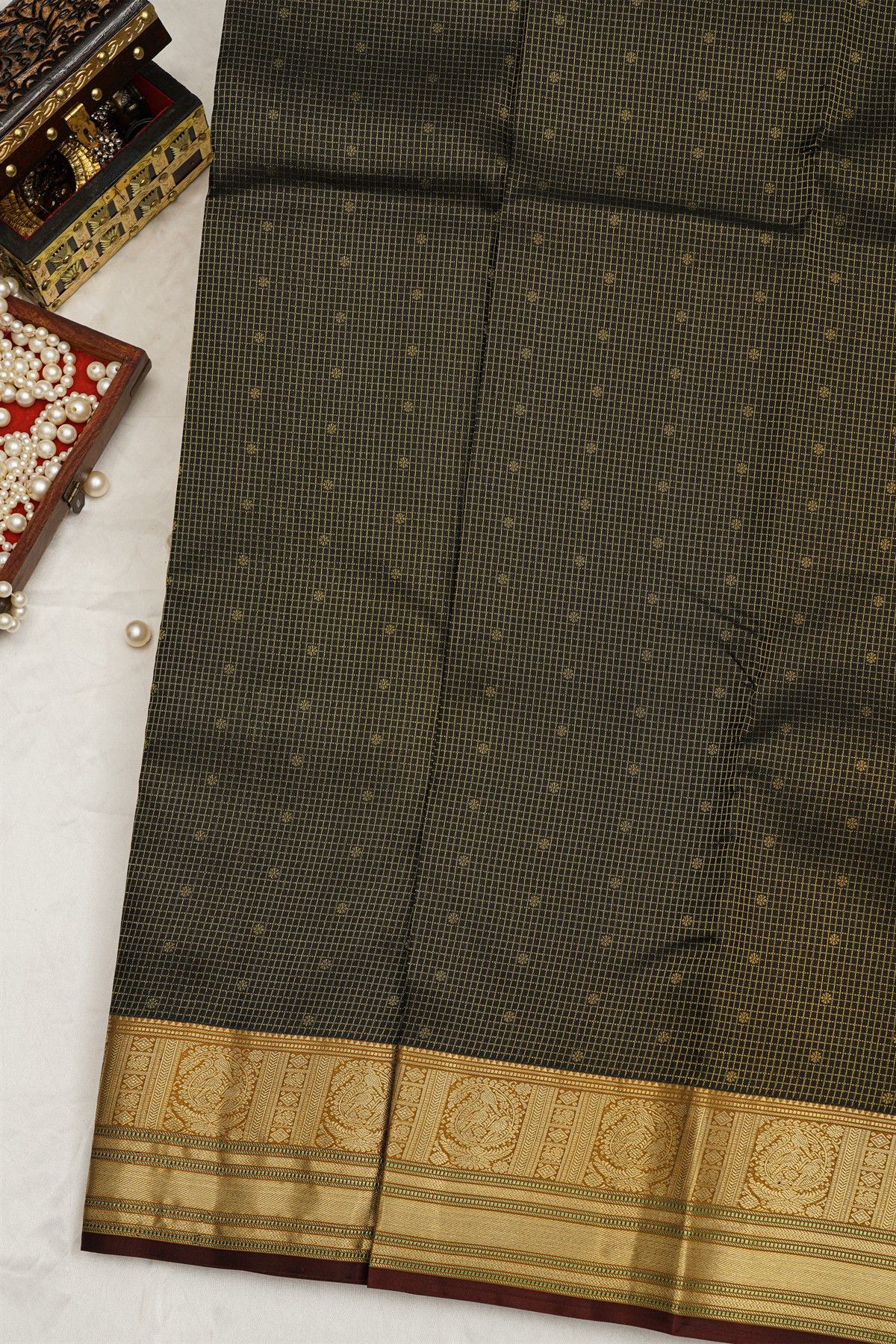Kancheepruam Silk Black Colour Saree With Zari Checks Body Traditional Gap Border