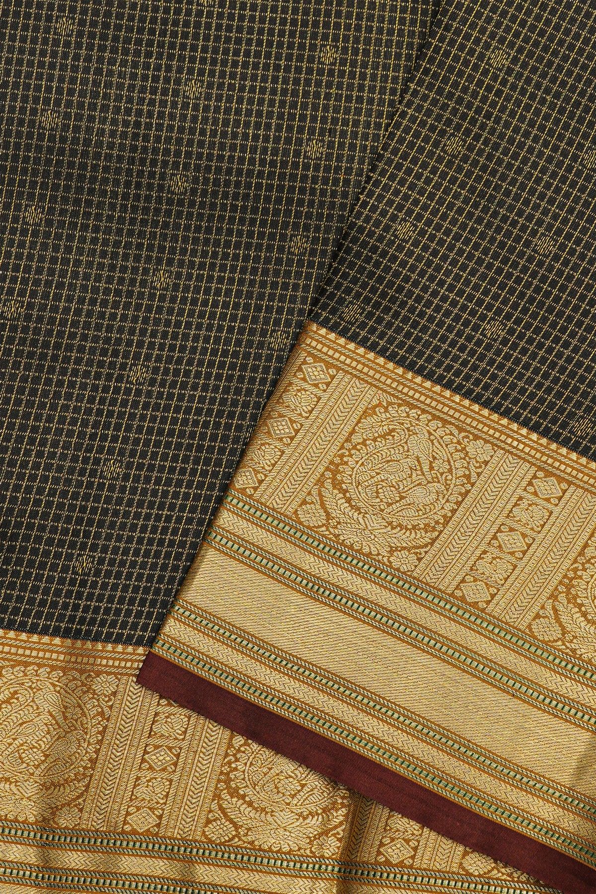 Kancheepruam Silk Black Colour Saree With Zari Checks Body Traditional Gap Border