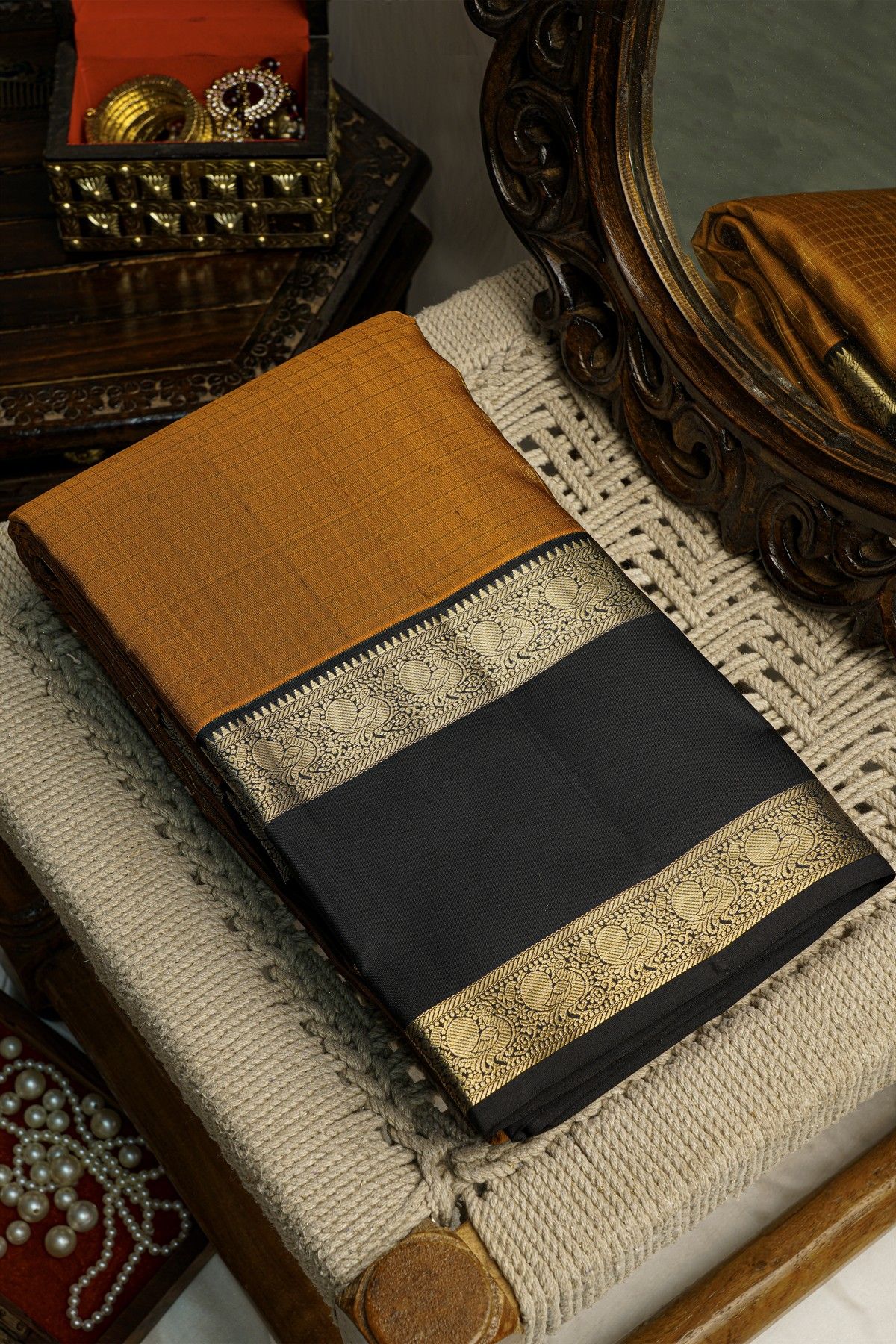 Kancheepruam Silk Rust Saree With Zari Checks Body Gap Border