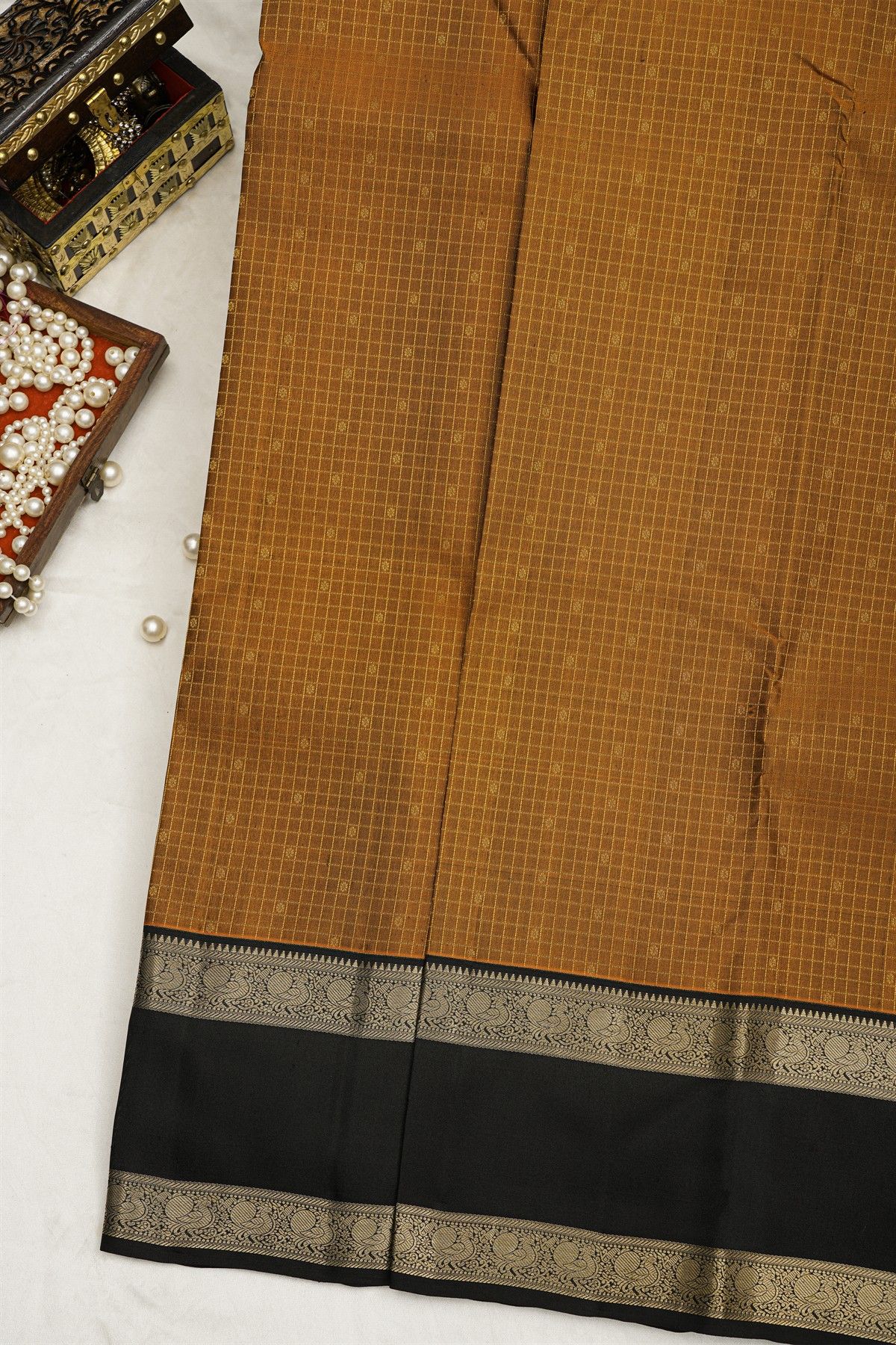 Kancheepruam Silk Rust Saree With Zari Checks Body Gap Border