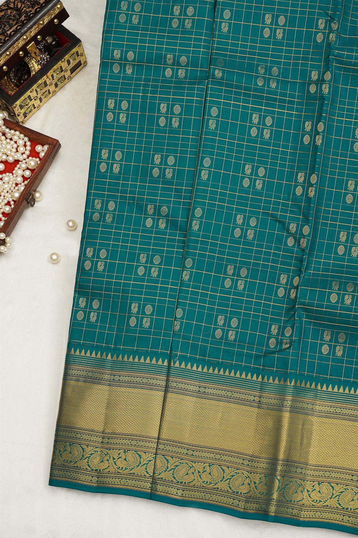 Kancheepuram Silk Teal Blue Saree With Zari Checks Body Self Border
