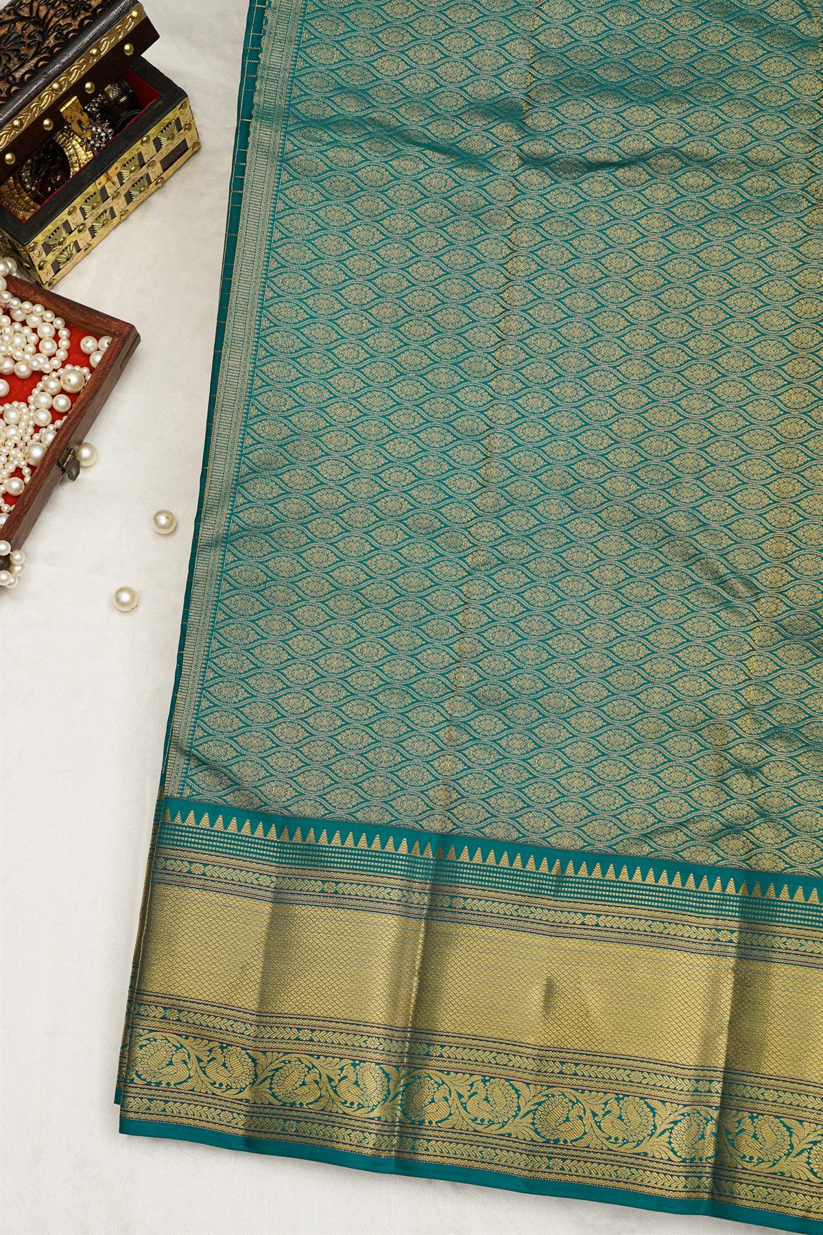 Kancheepuram Silk Teal Blue Saree With Zari Checks Body Self Border