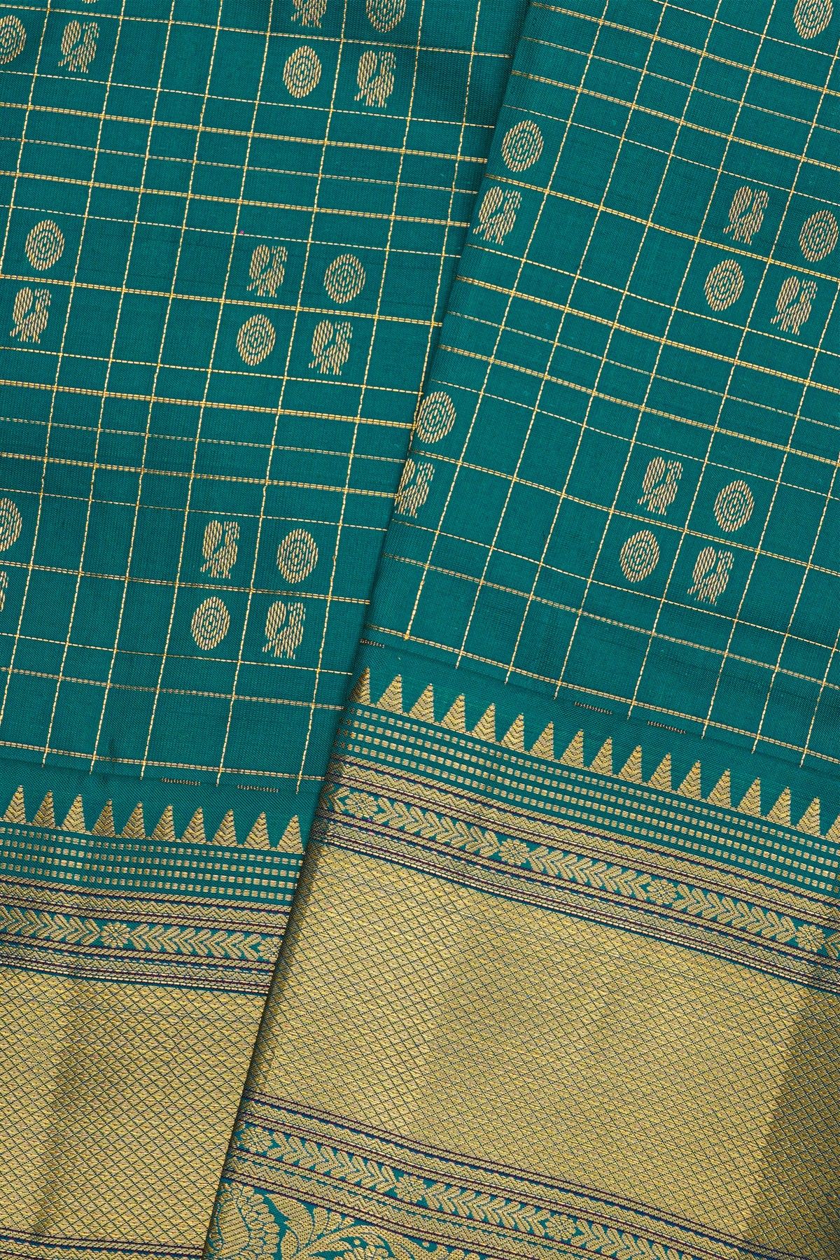 Kancheepuram Silk Teal Blue Saree With Zari Checks Body Self Border