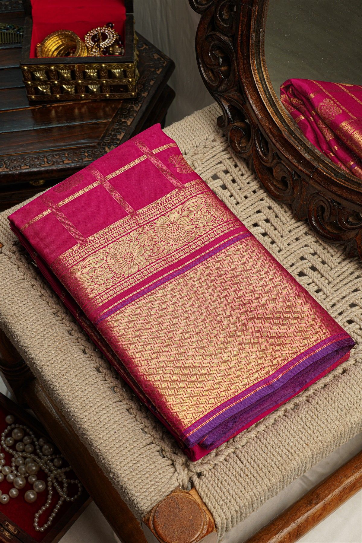 Kancheepuram Silk Magenta Saree With Zari Checks Body Self Border