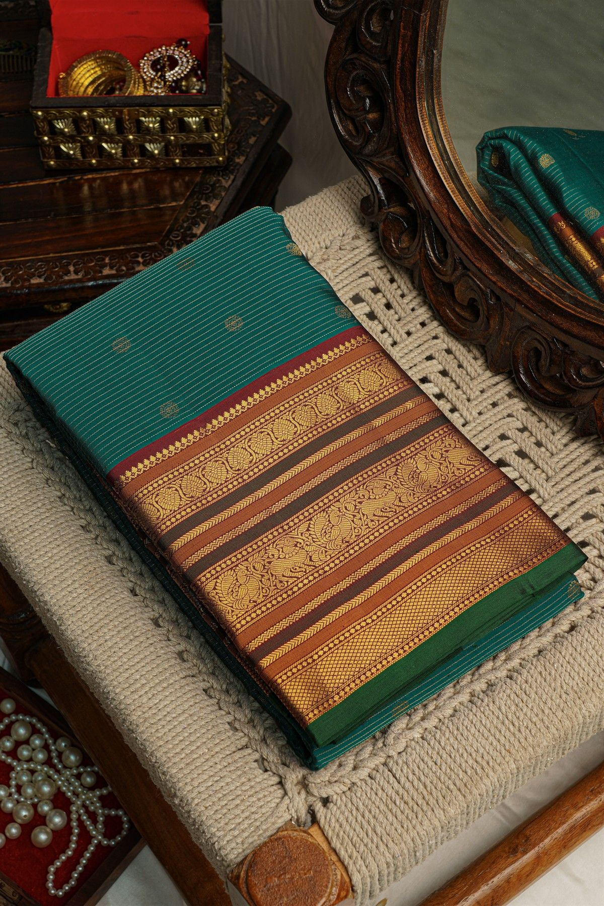 Kancheepuram Silk Bottle Green Saree With Zari Lines Body Traditional Border