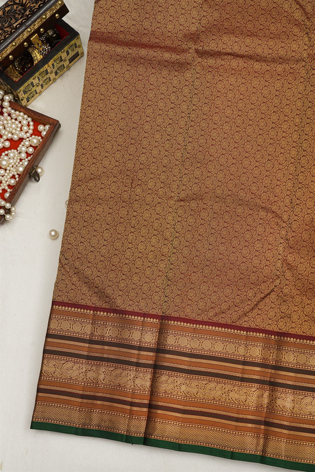 Kancheepuram Silk Bottle Green Saree With Zari Lines Body Traditional Border