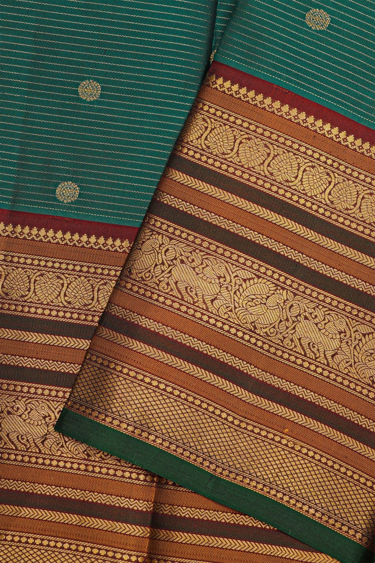 Kancheepuram Silk Bottle Green Saree With Zari Lines Body Traditional Border