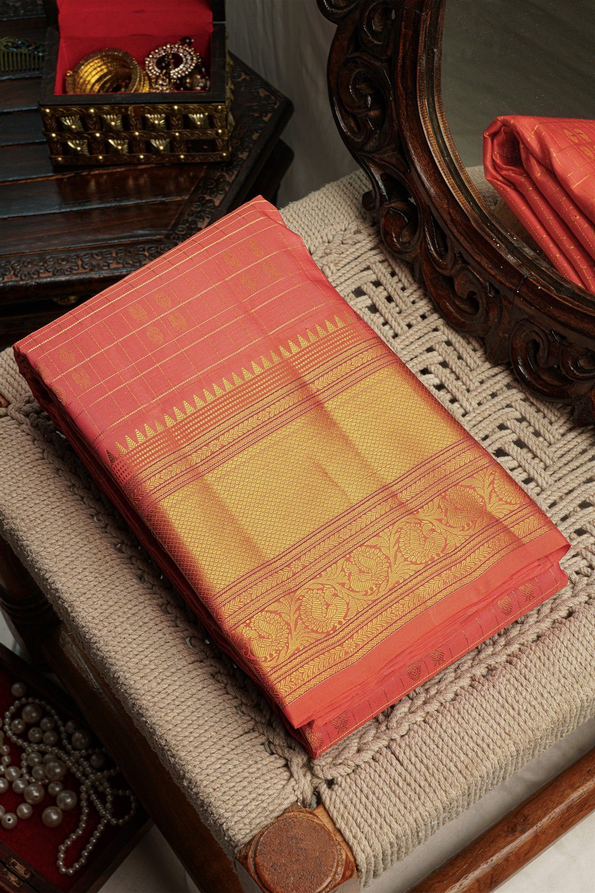 Kancheepuram Silk Peach Saree With Checks Buttis Body Peacocks Border