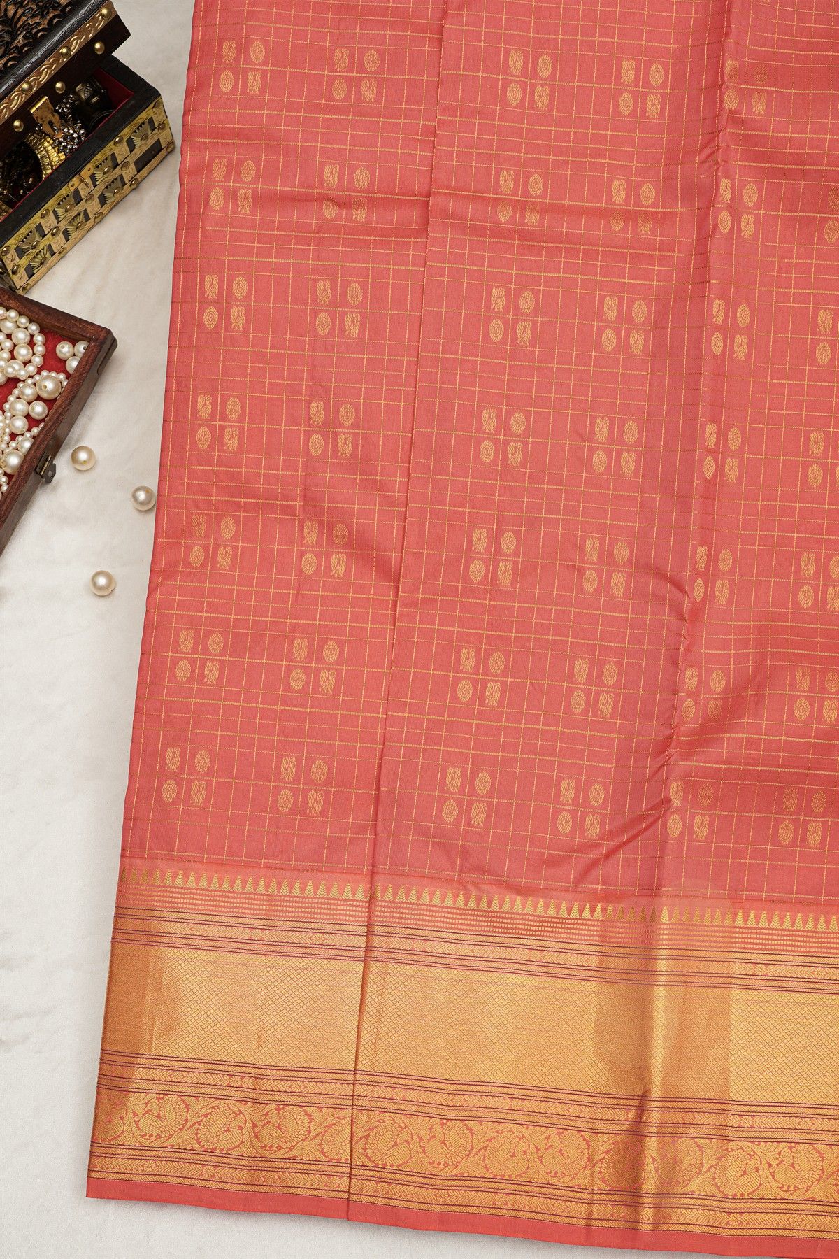 Kancheepuram Silk Peach Saree With Checks Buttis Body Peacocks Border