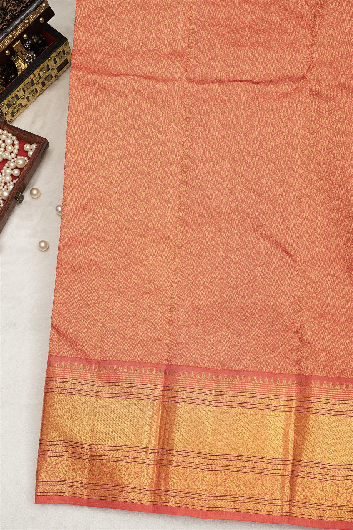 Kancheepuram Silk Peach Saree With Checks Buttis Body Peacocks Border