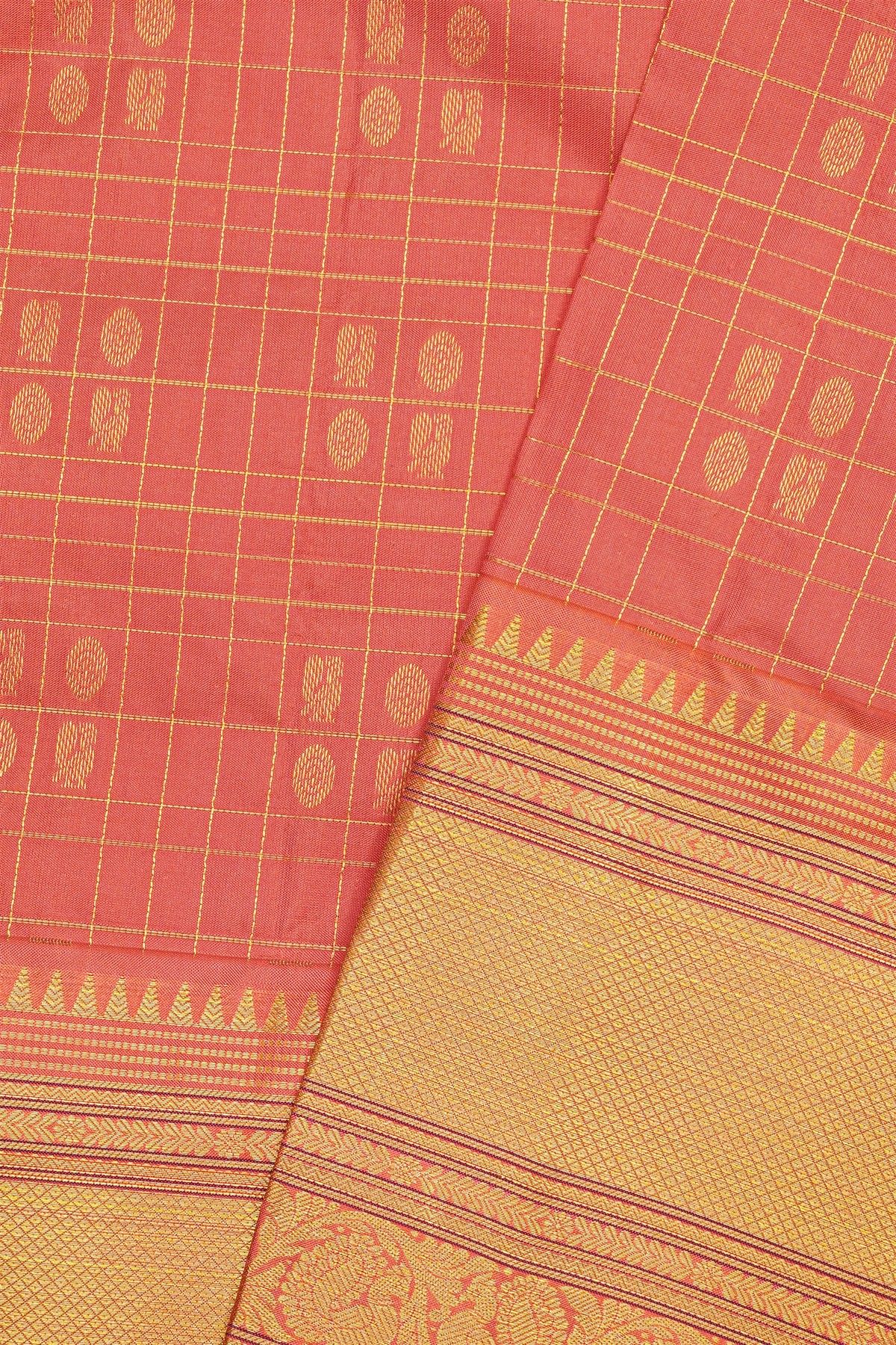 Kancheepuram Silk Peach Saree With Checks Buttis Body Peacocks Border