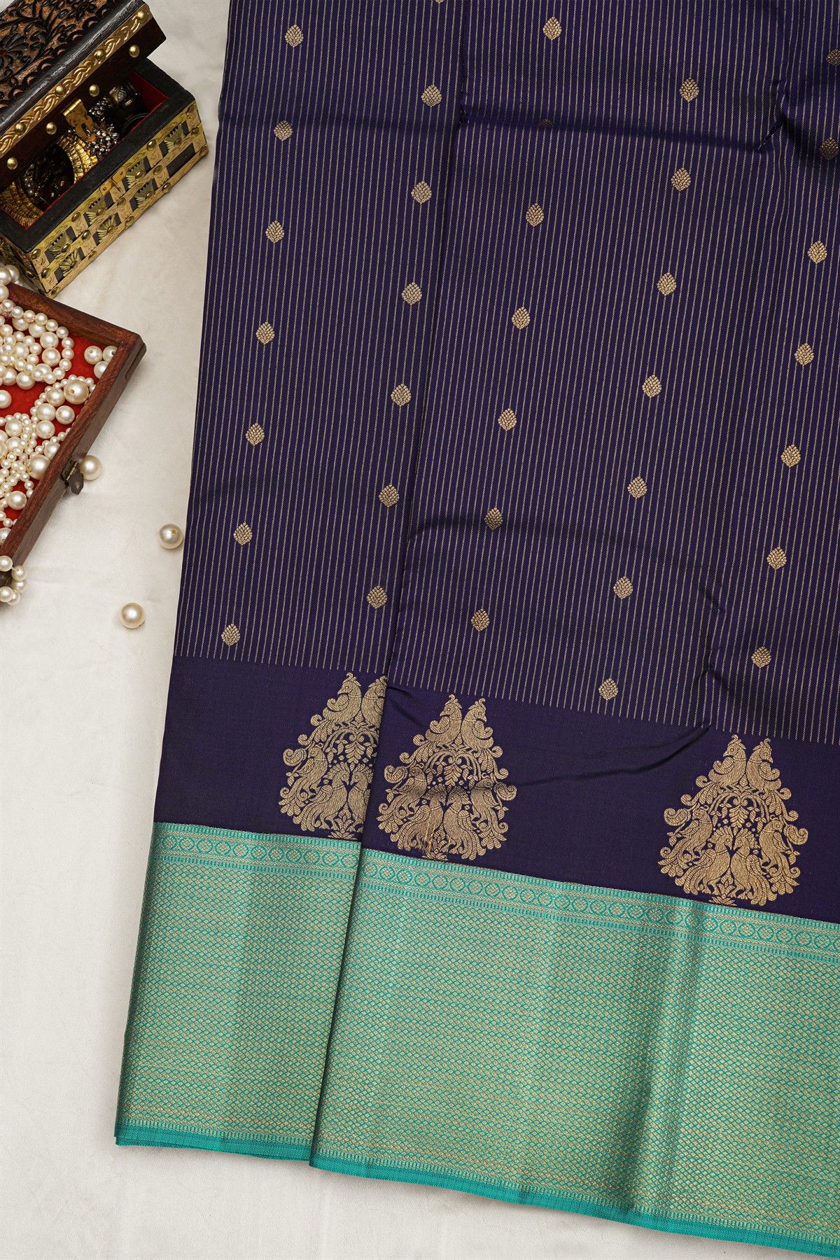Kancheepuram Silk Navy Blue Saree With Floral Brocade Pallu