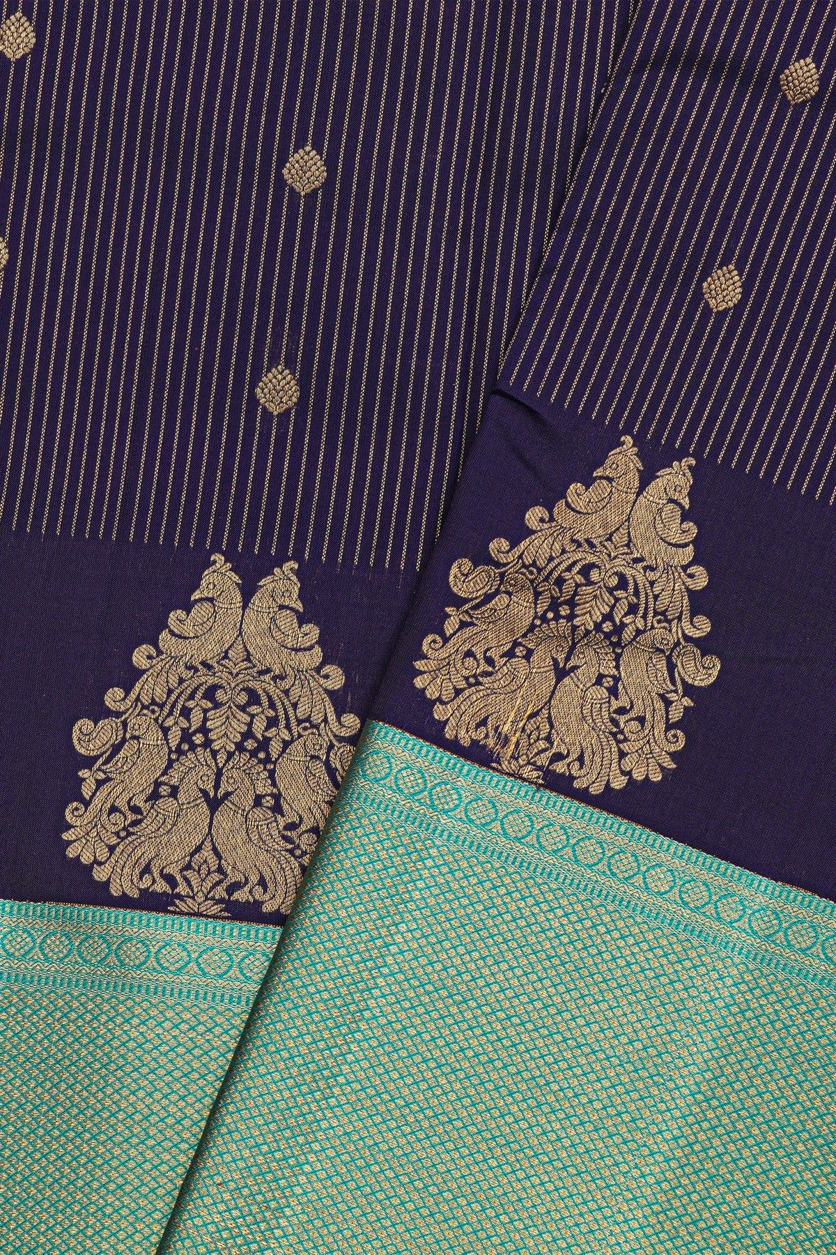 Kancheepuram Silk Navy Blue Saree With Floral Brocade Pallu