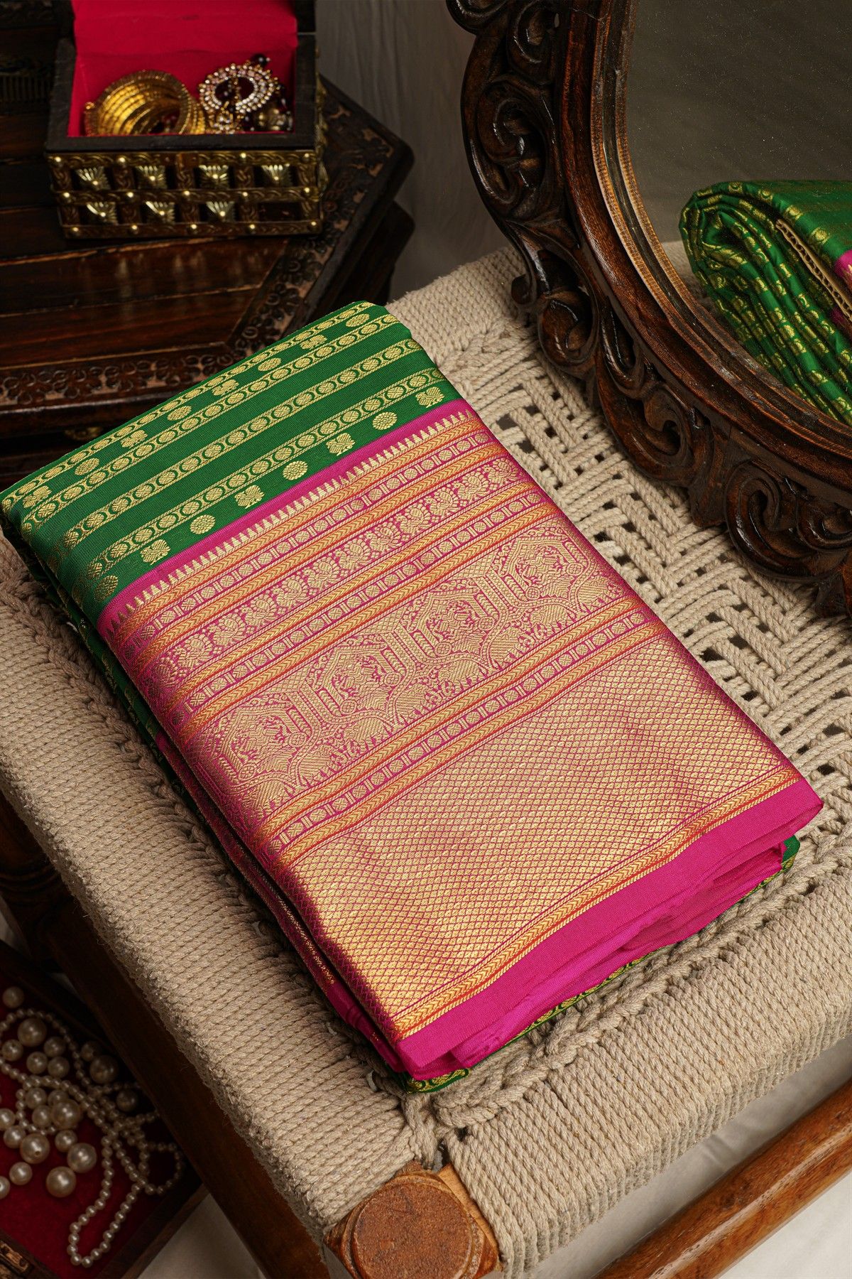 Kancheepuram Silk Bottle Green Saree With Peacocks Body Traditional Gap Border