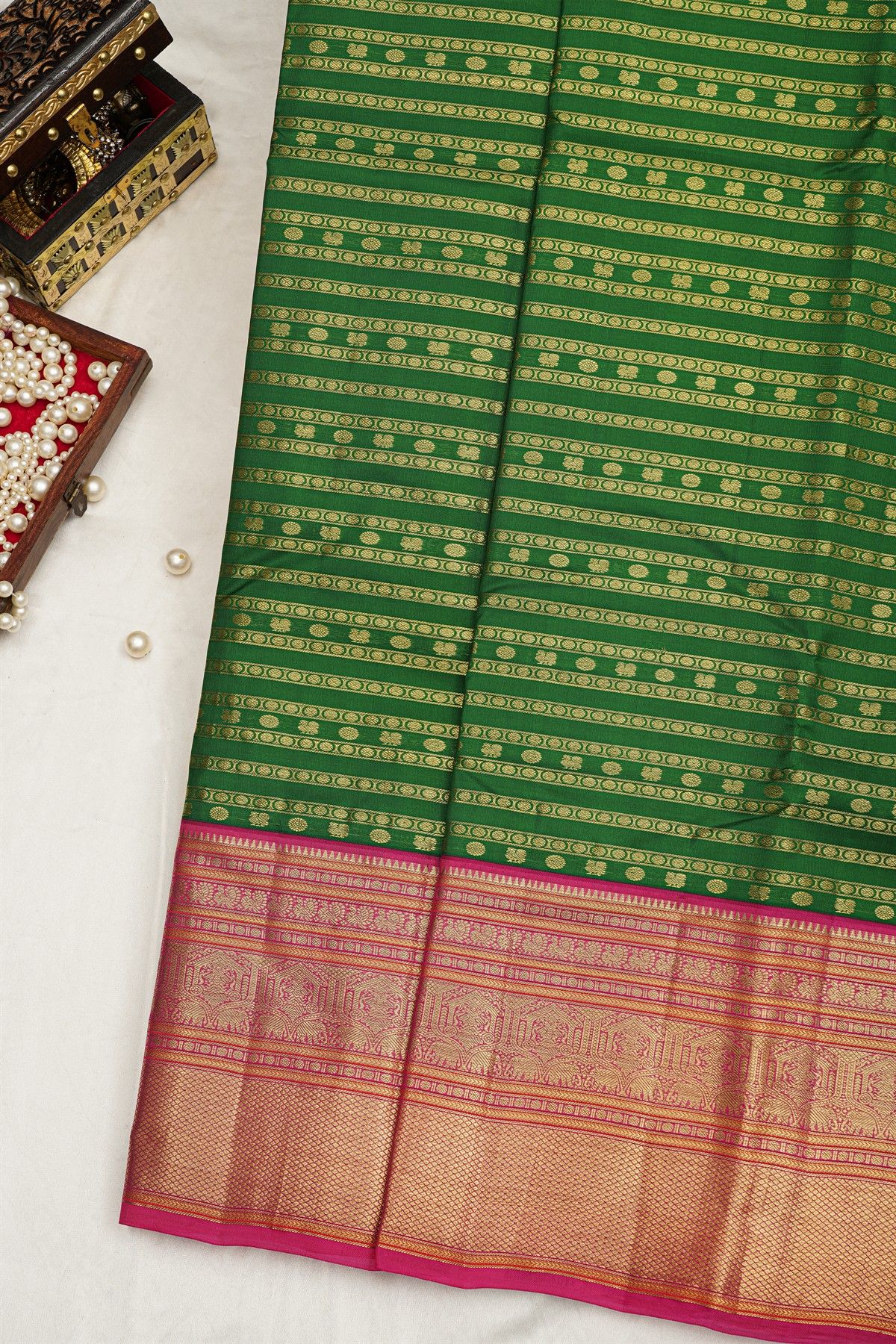 Kancheepuram Silk Bottle Green Saree With Peacocks Body Traditional Gap Border