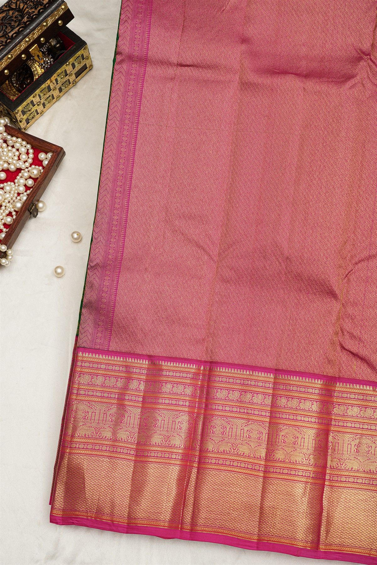 Kancheepuram Silk Bottle Green Saree With Peacocks Body Traditional Gap Border