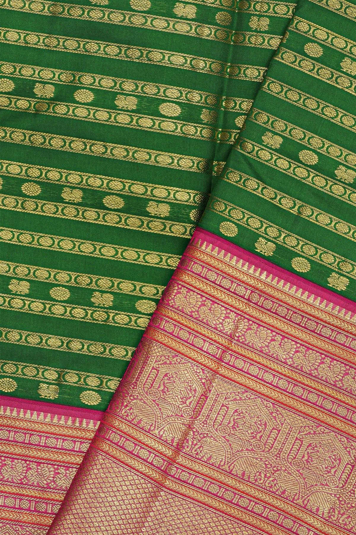 Kancheepuram Silk Bottle Green Saree With Peacocks Body Traditional Gap Border