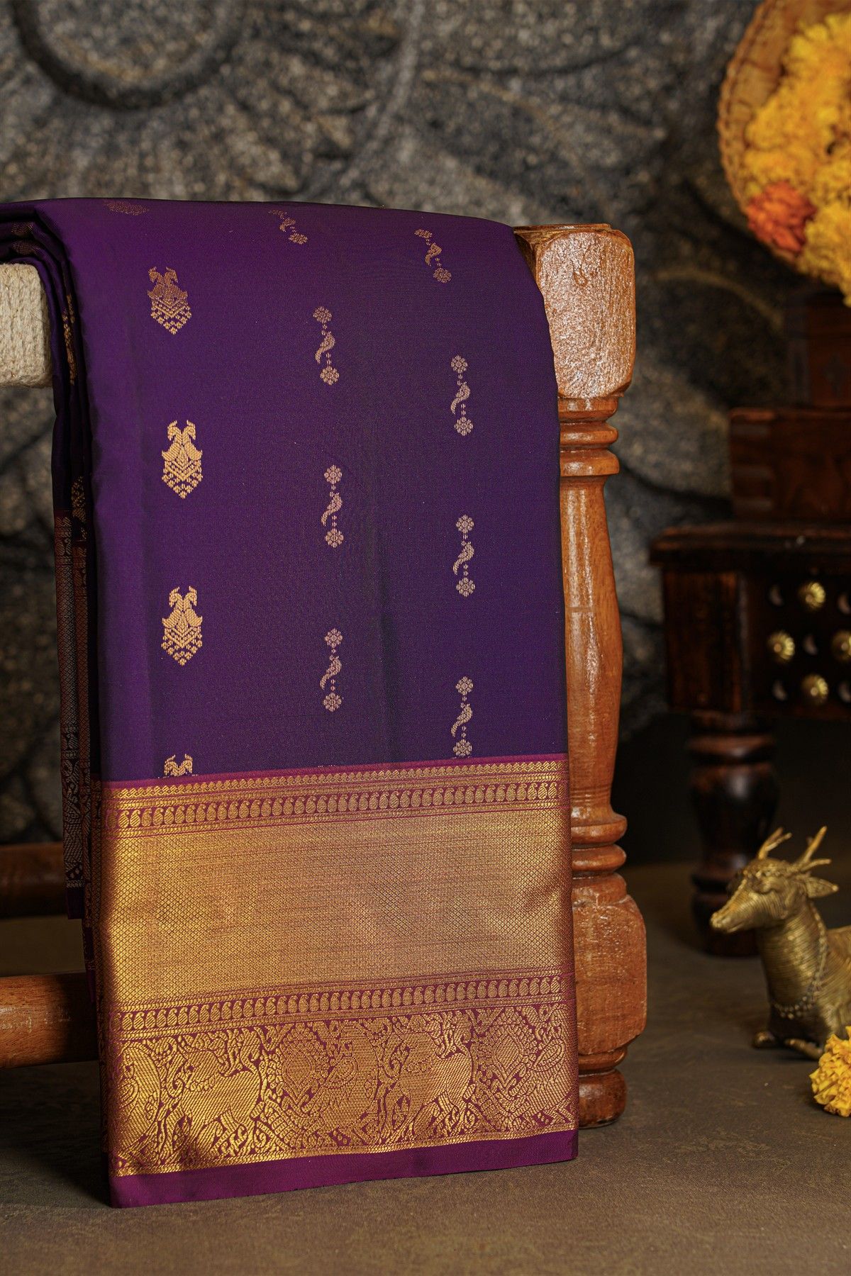 Kancheepuram Silk Purple Saree With Florals Body Self Kaddi Border