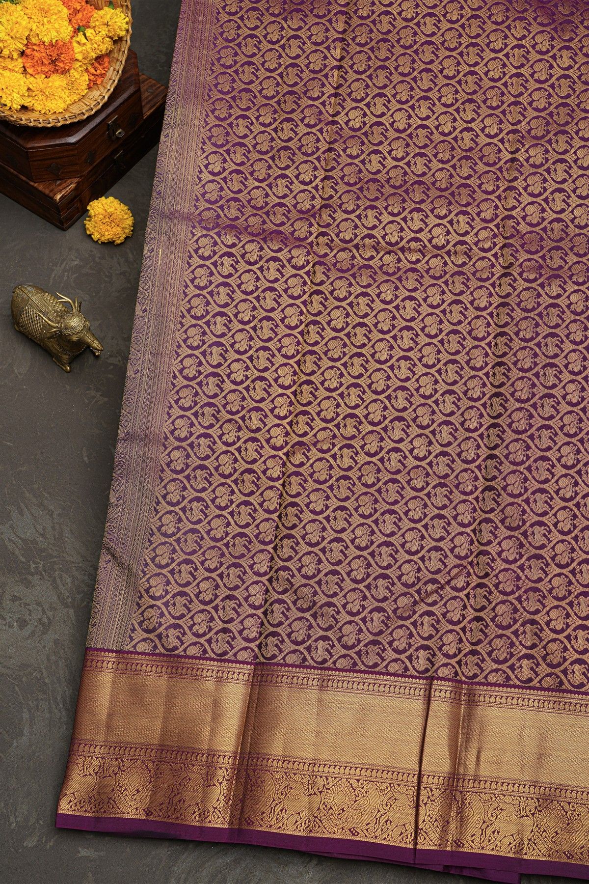 Kancheepuram Silk Purple Saree With Florals Body Self Kaddi Border