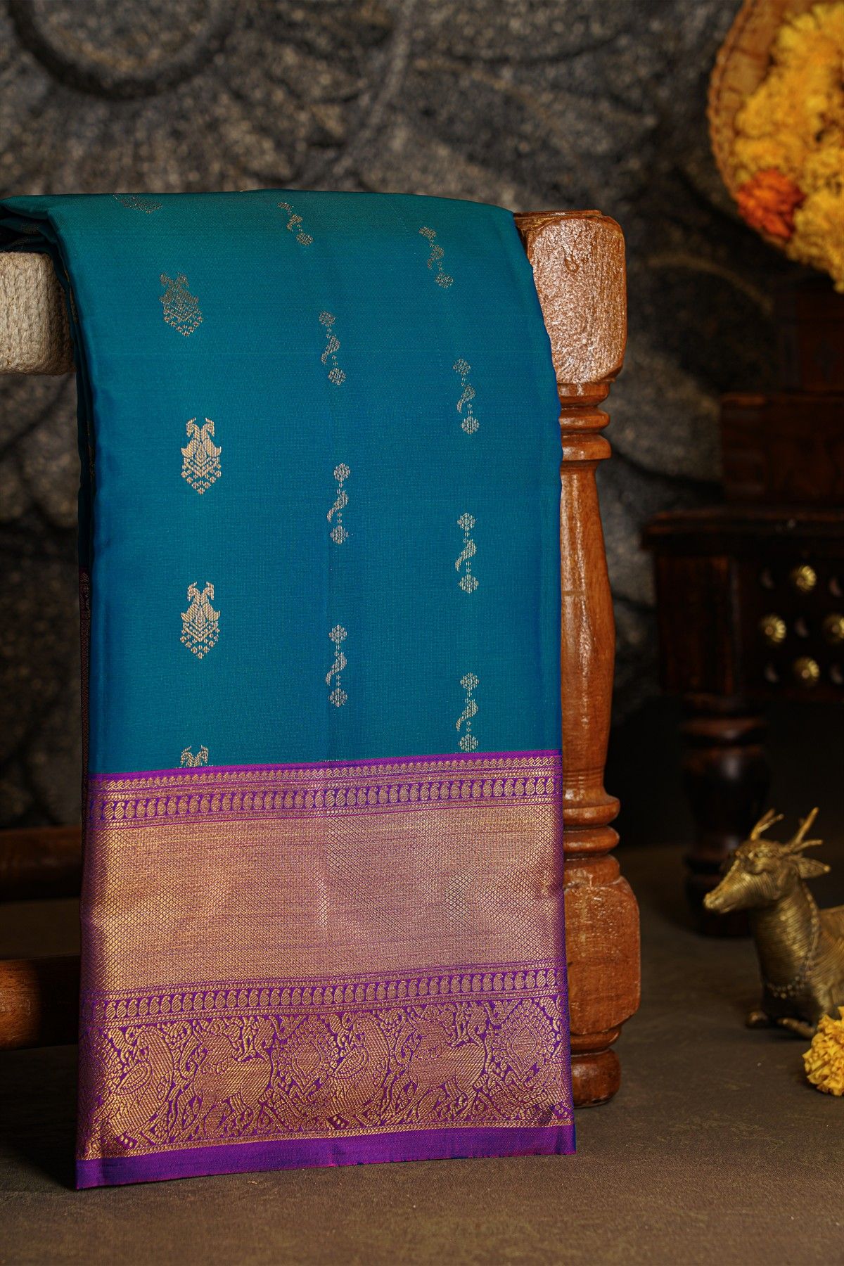 Kanchipuram Silk Royal Blue Saree With Peacock Buttis Body Kaddi Border