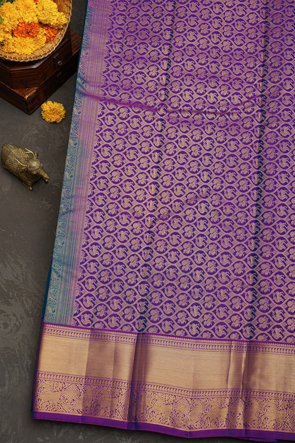 Kanchipuram Silk Royal Blue Saree With Peacock Buttis Body Kaddi Border