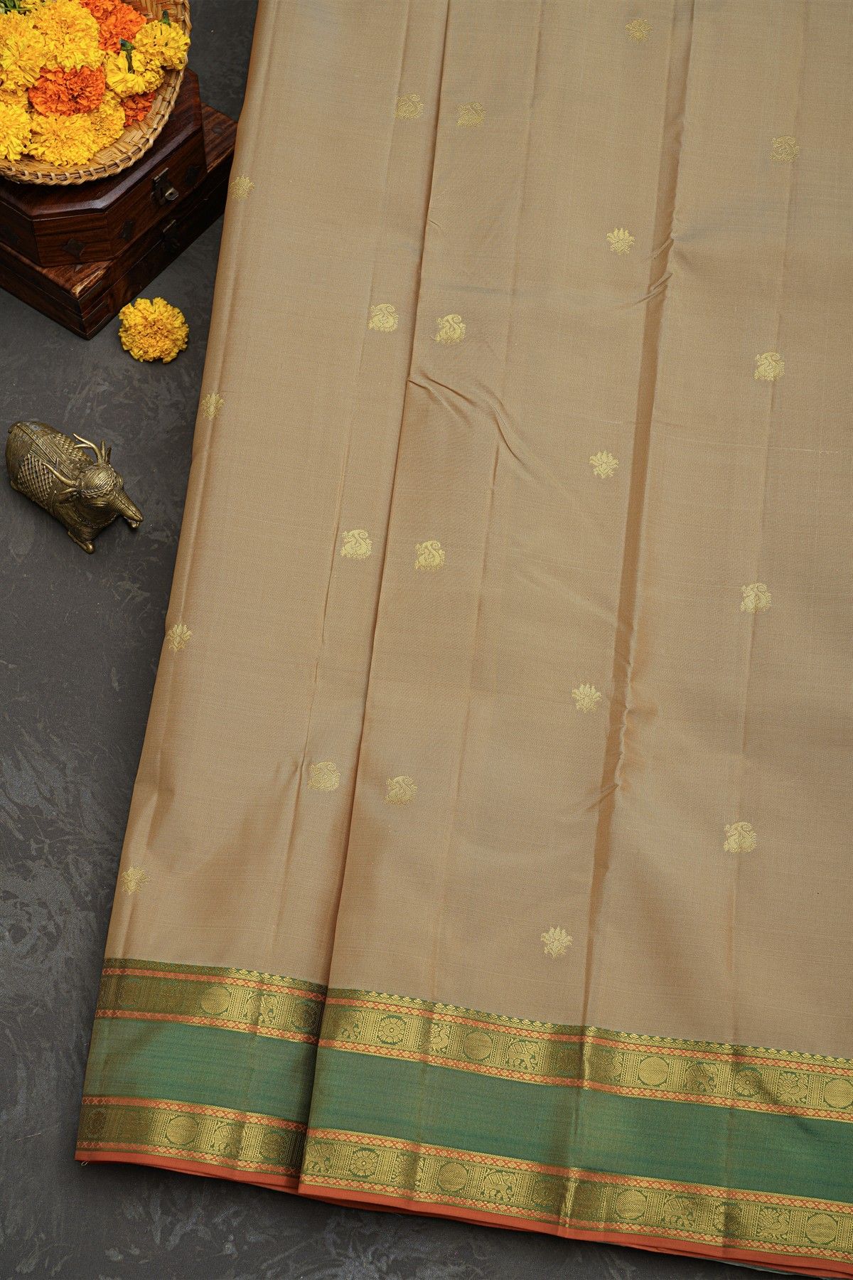 Kancheepuram Silk Peach Saree With Buttis Body Elephants Border