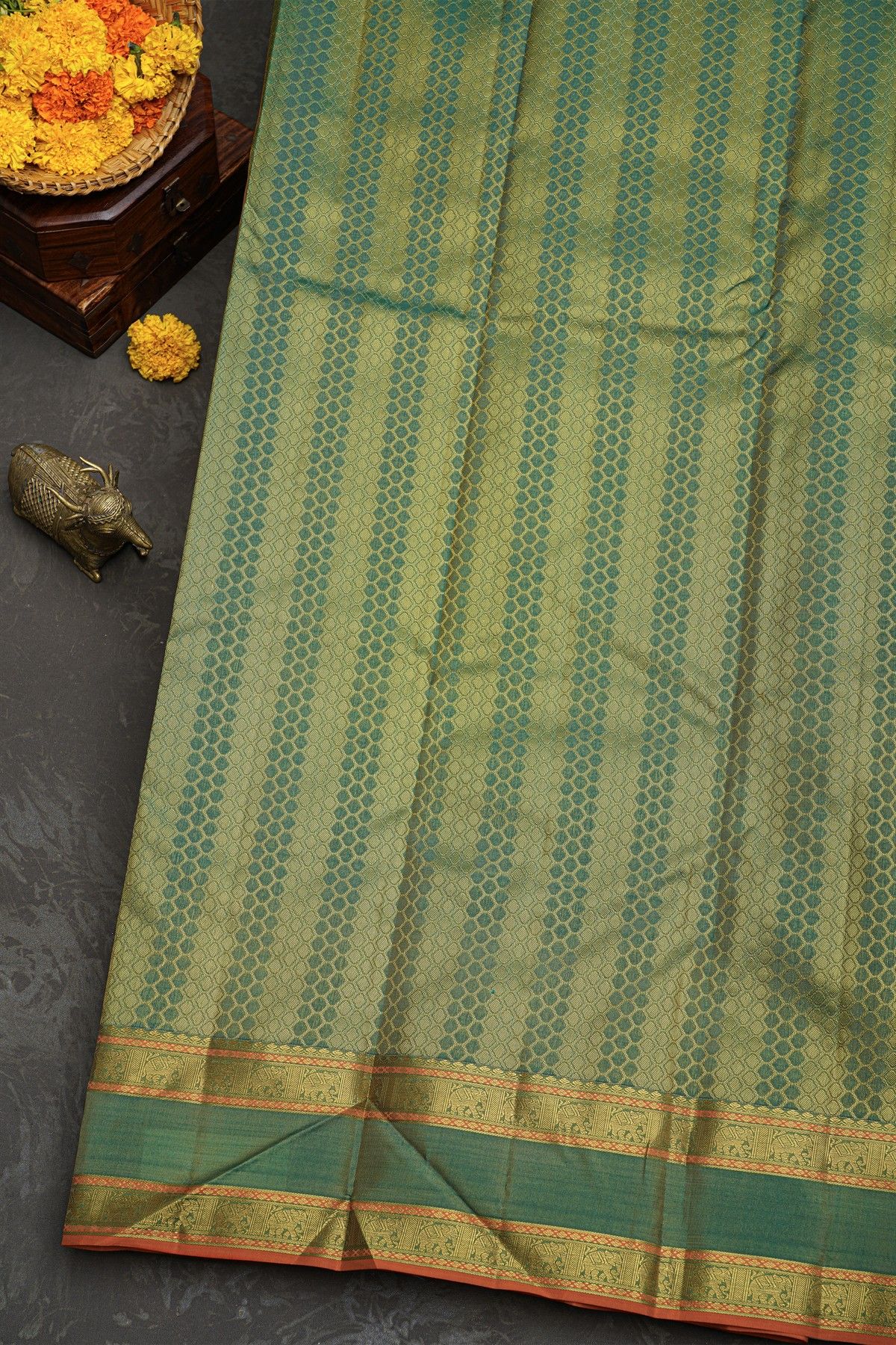 Kancheepuram Silk Peach Saree With Buttis Body Elephants Border