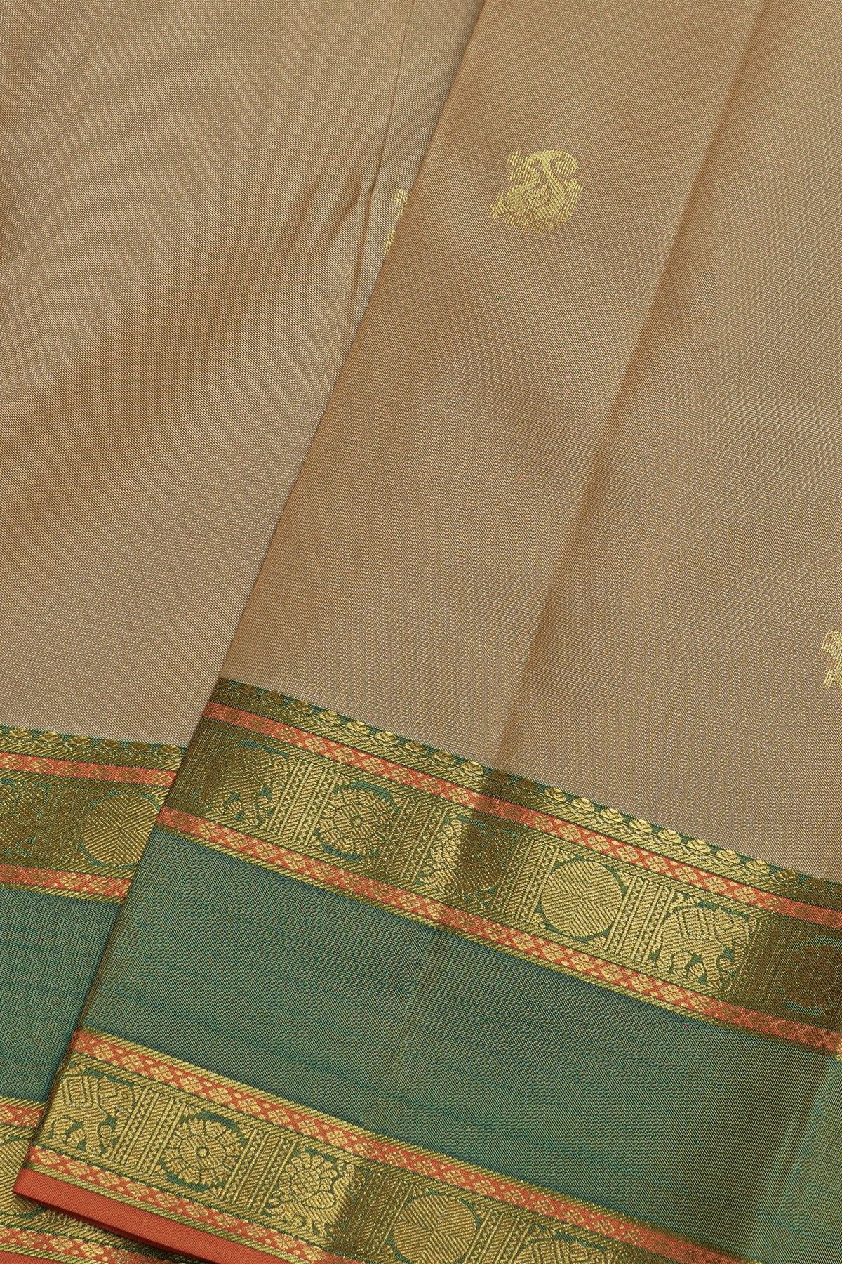 Kancheepuram Silk Peach Saree With Buttis Body Elephants Border