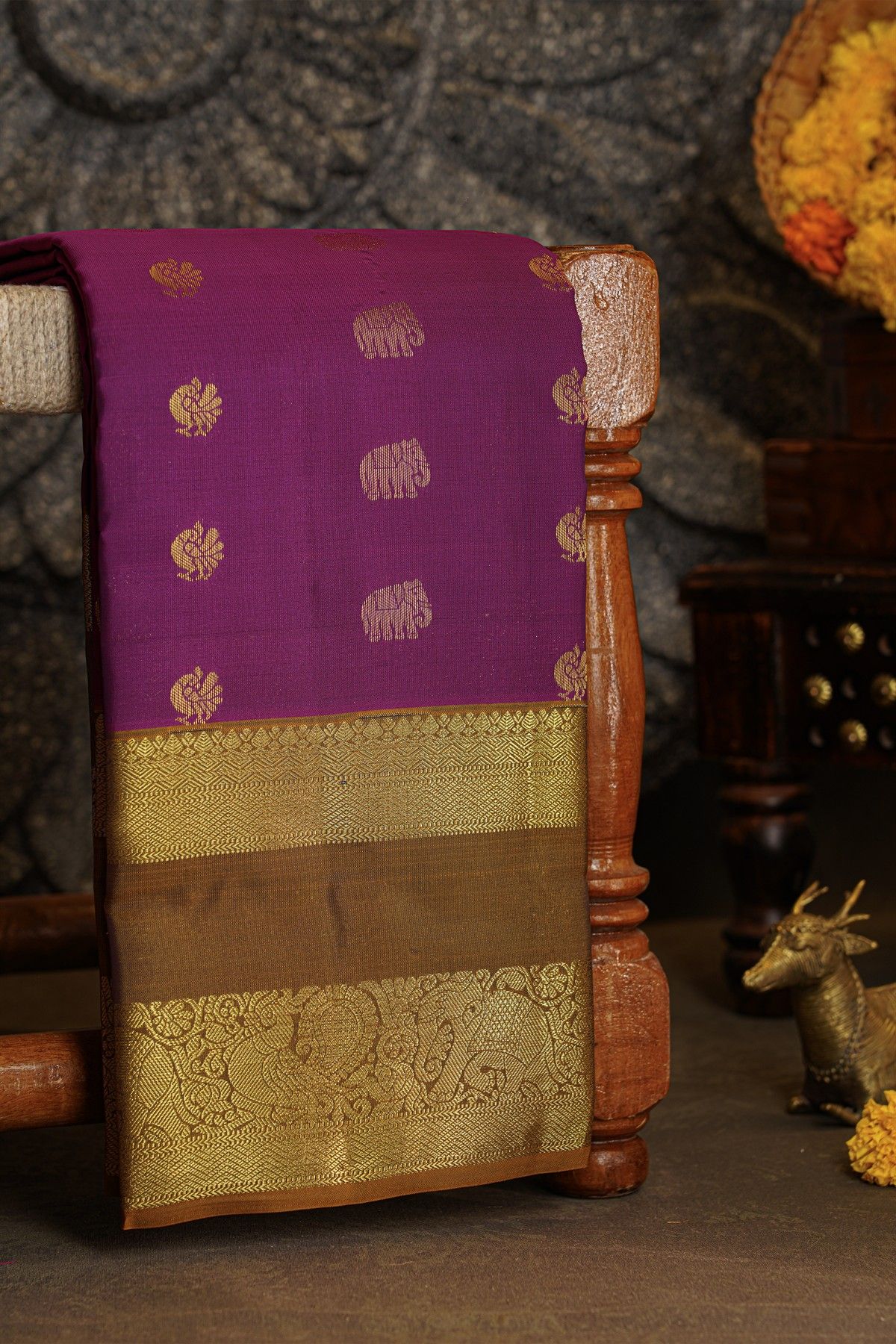 Kancheepuram Silk Purple Saree With Peacocks And Elephant Body Gap Border