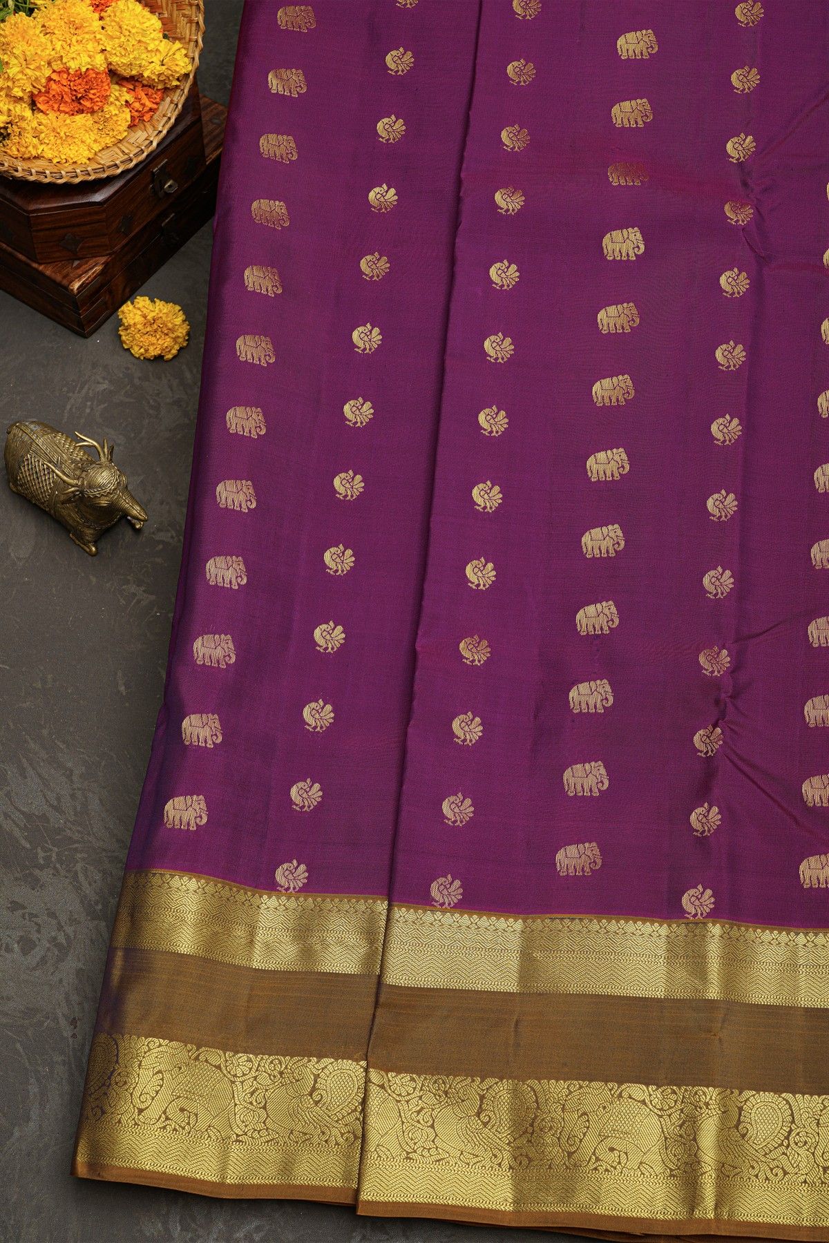 Kancheepuram Silk Purple Saree With Peacocks And Elephant Body Gap Border