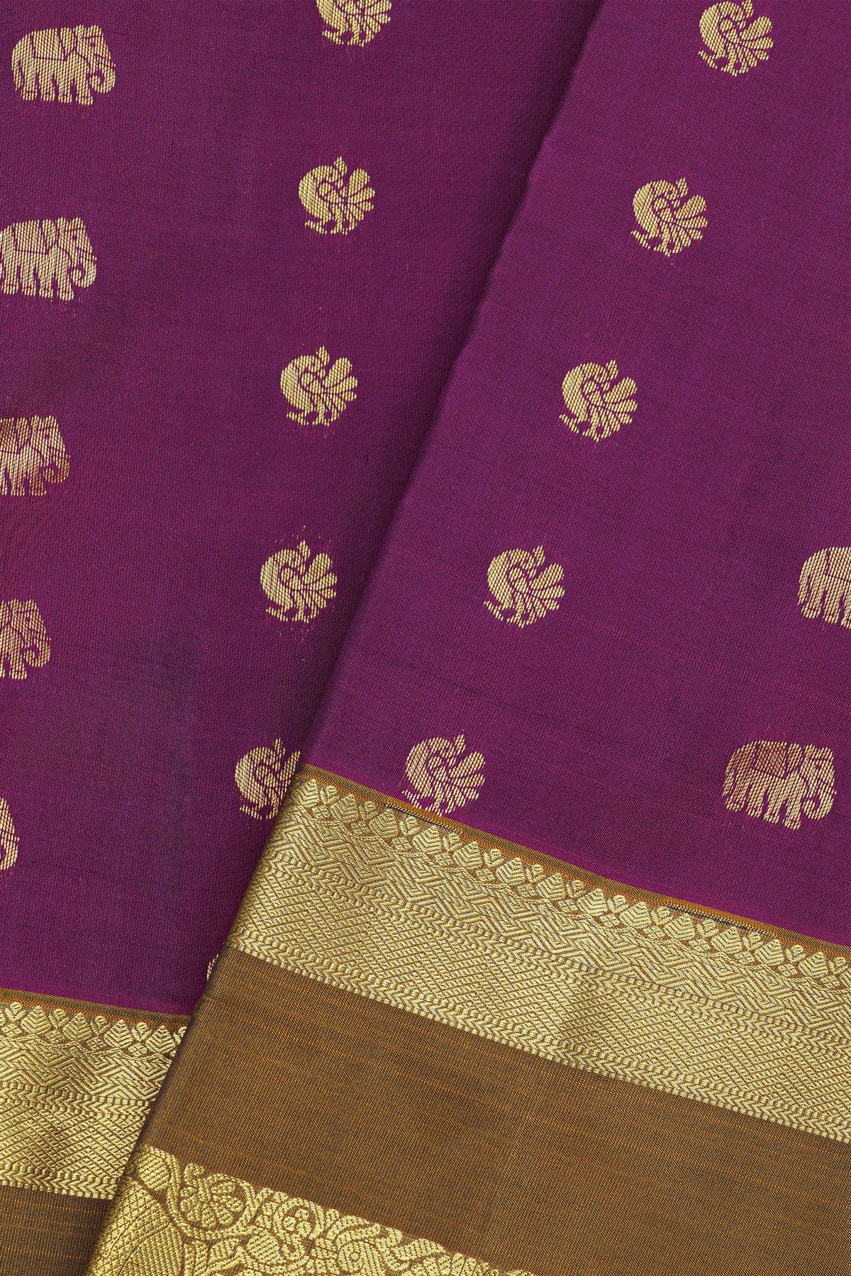 Kancheepuram Silk Purple Saree With Peacocks And Elephant Body Gap Border