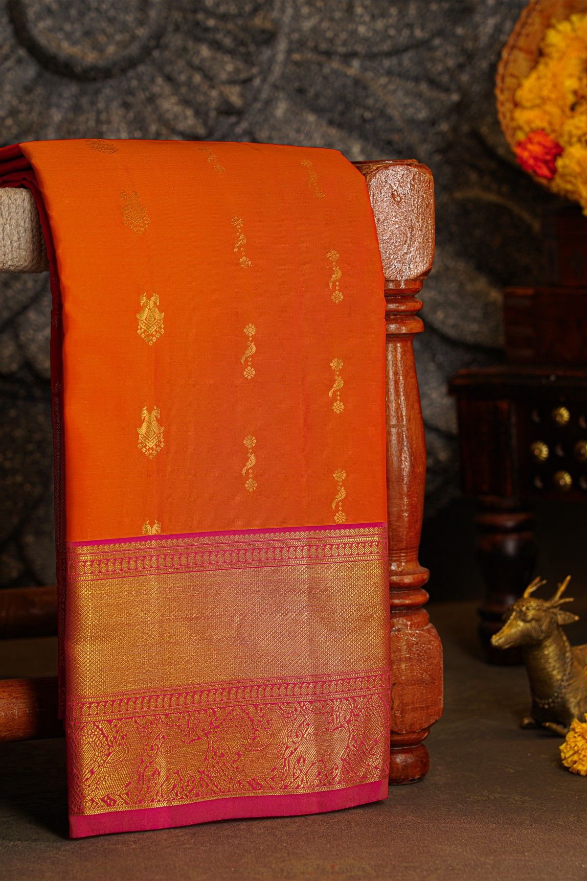 Kancheepuram Silk Orange Saree With Floral Brocade Pallu