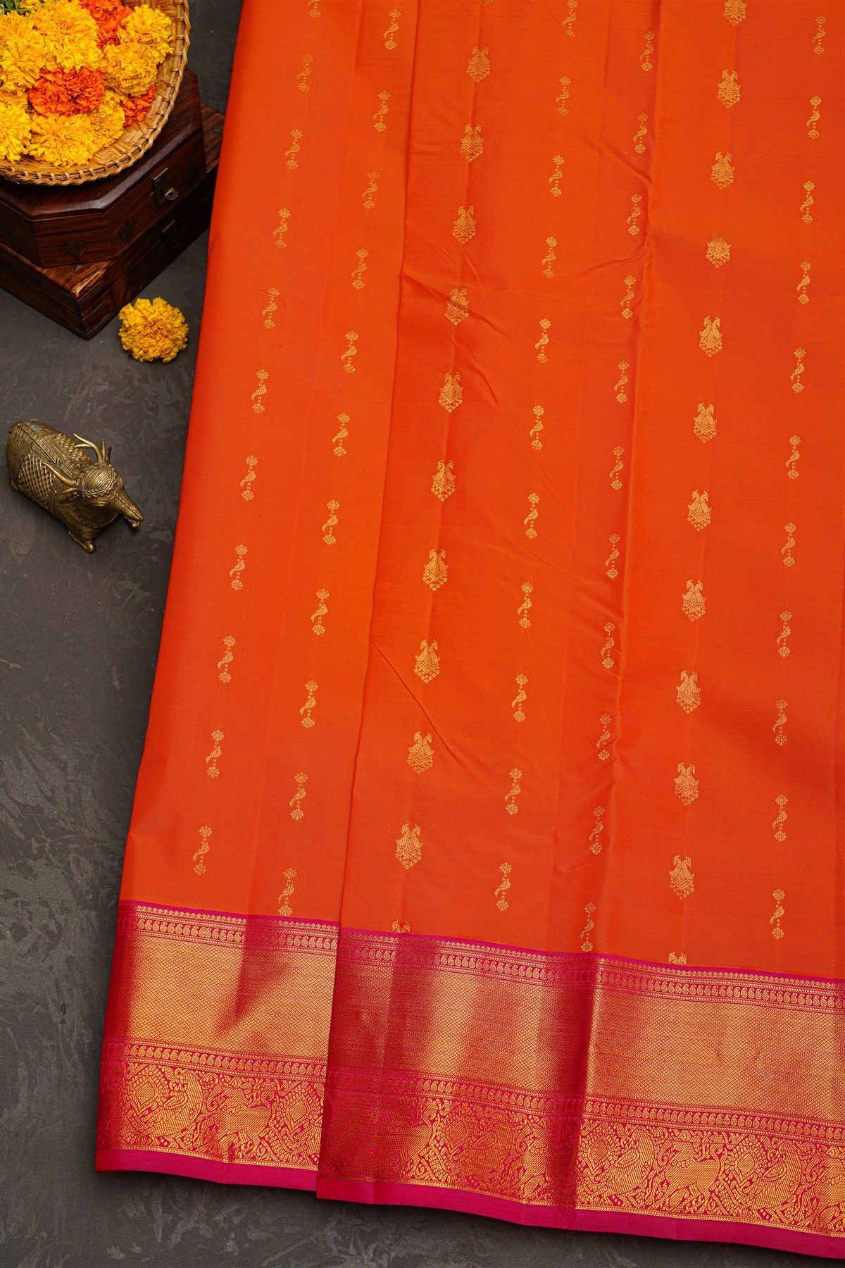 Kancheepuram Silk Orange Saree With Floral Brocade Pallu