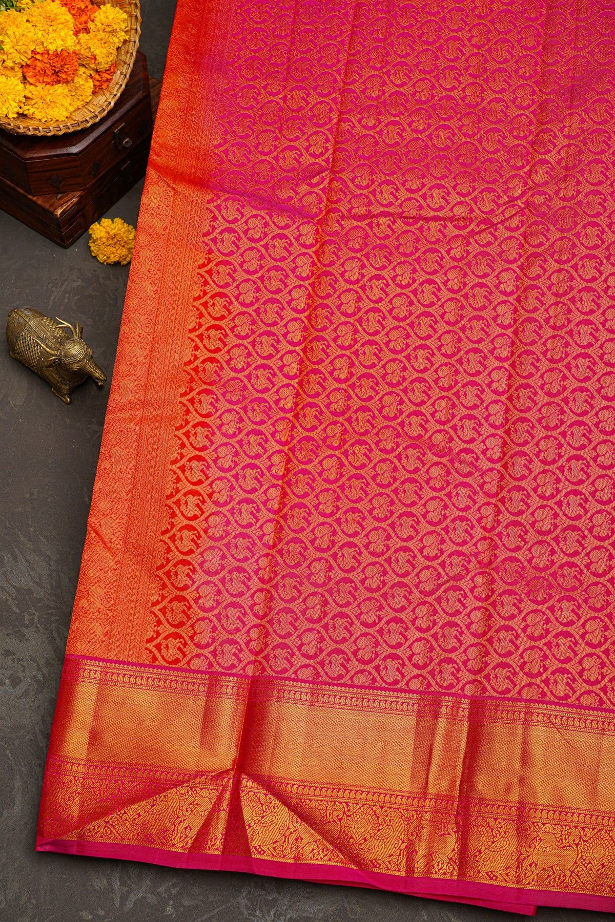 Kancheepuram Silk Orange Saree With Floral Brocade Pallu