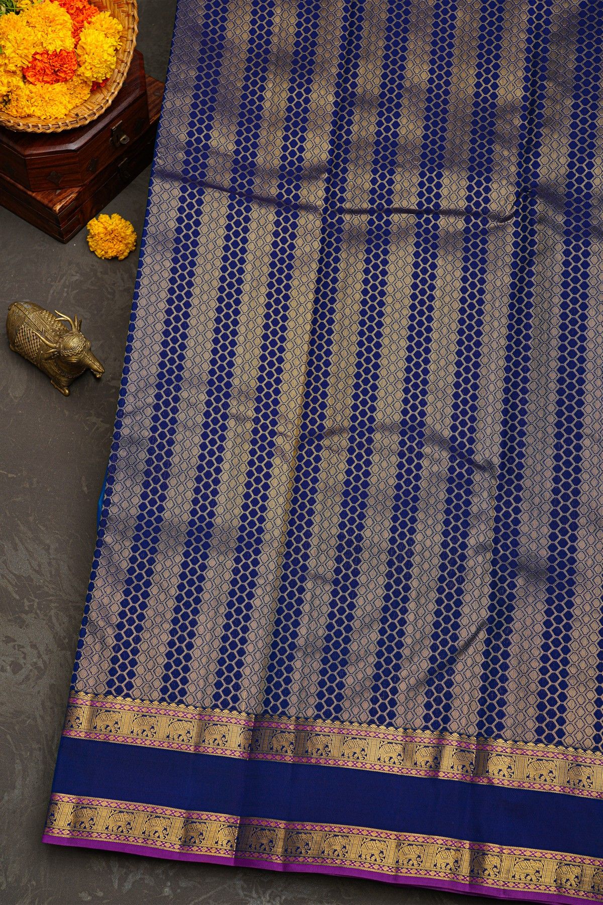 Kancheepuram Silk Royal Blue Saree With Floral Buttis Body Traditional Gap Border