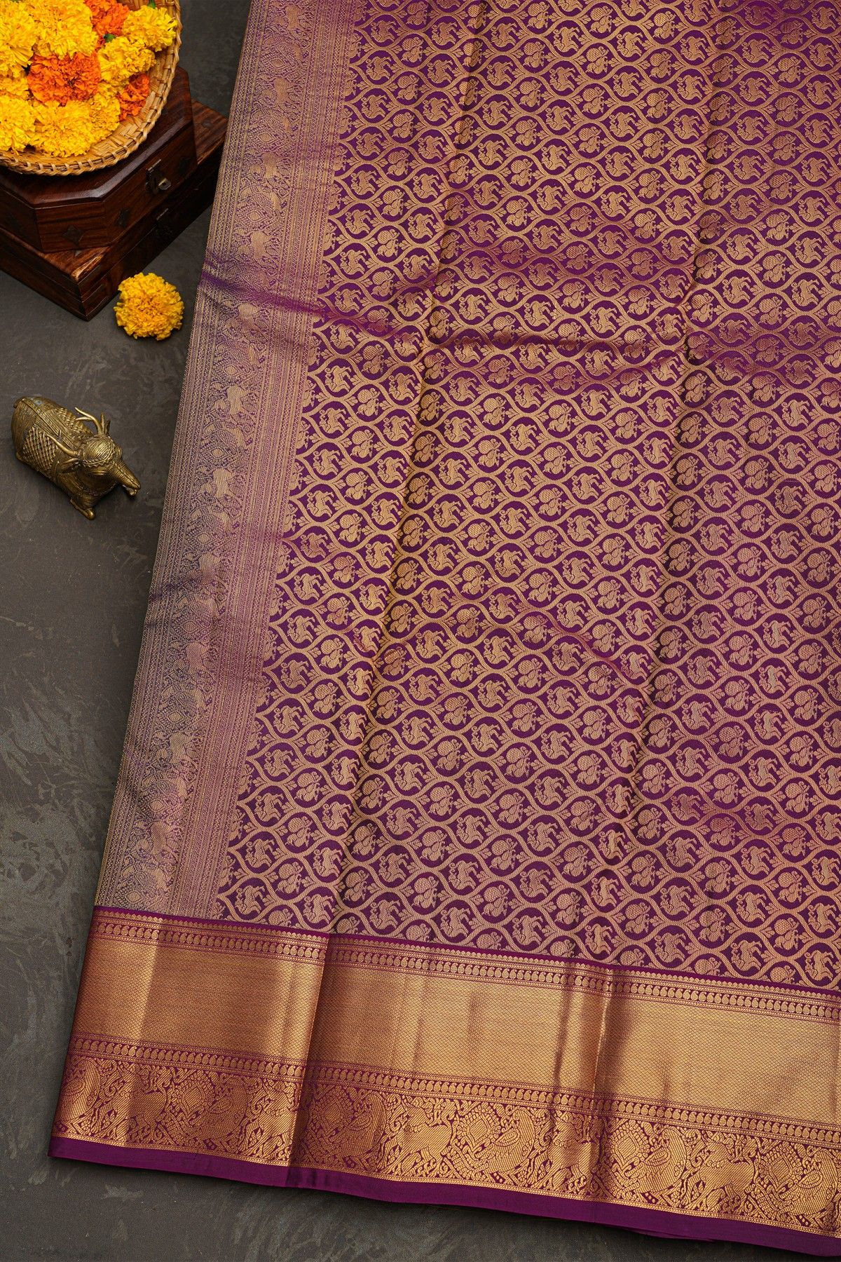 Kancheepuram Silk Purple Saree With Elephants And Peacocks Border
