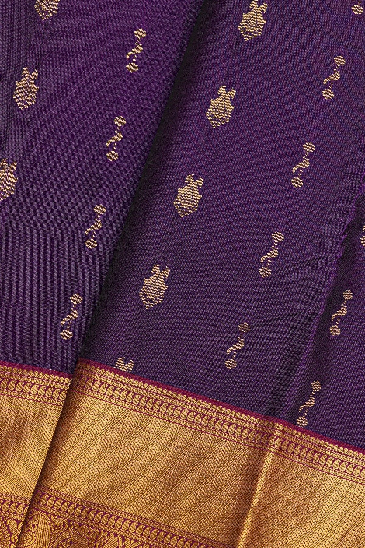 Kancheepuram Silk Purple Saree With Elephants And Peacocks Border