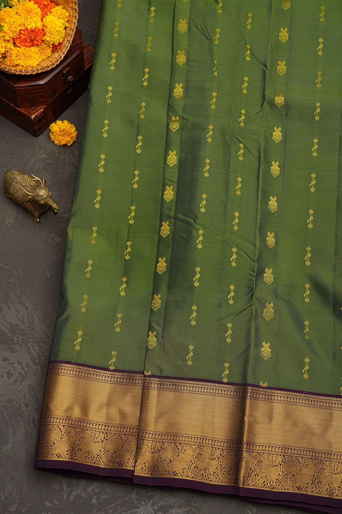 Kancheepuram Silk Mehendi Green Saree With Florals And Animals Border